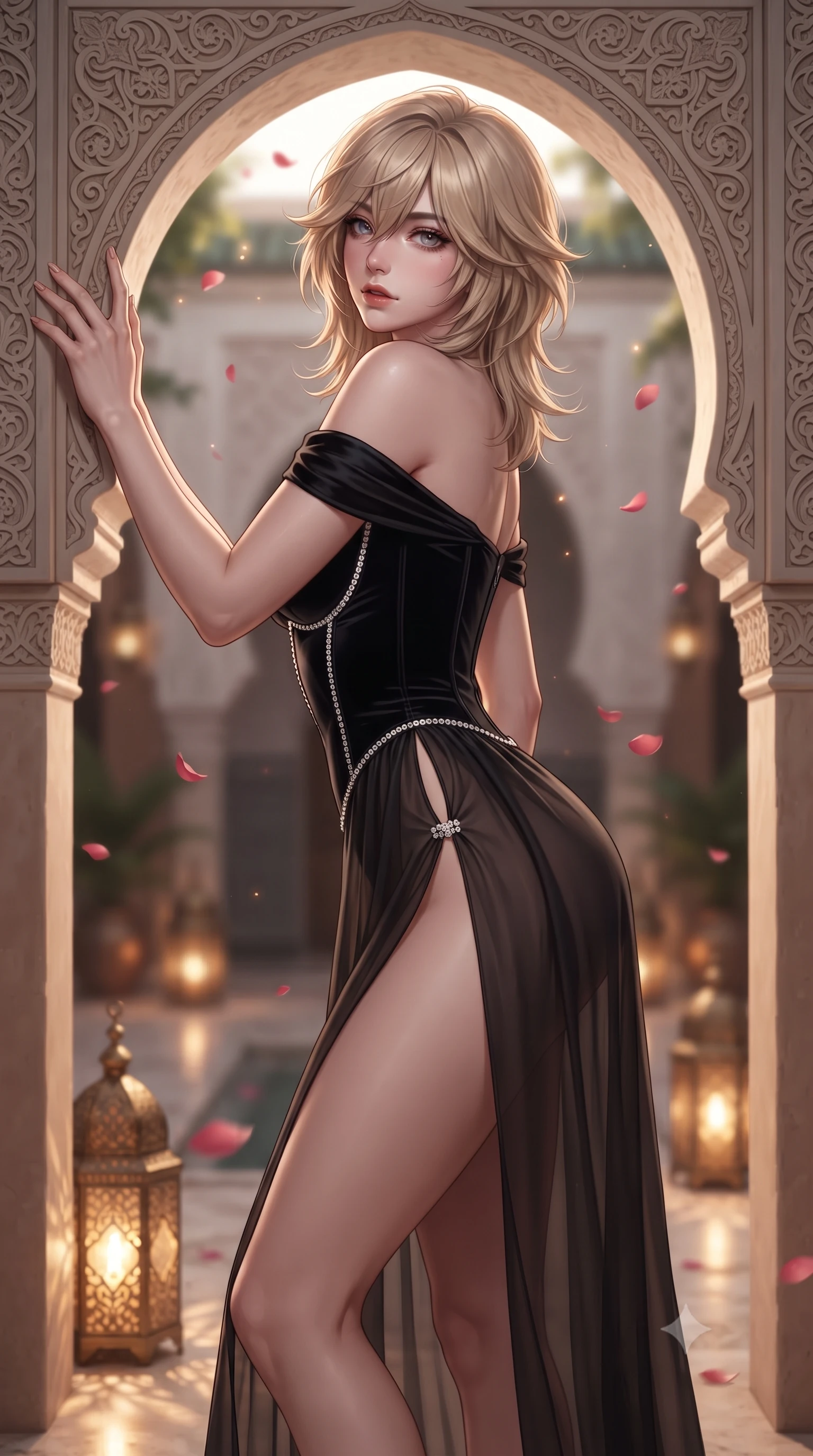 score_9, masterpiece, best quality, ultra-detailed, high-budget anime keyframe, editorial fashion photography, tasteful artistic composition, Japanese woman. close-up cowboy shot from the waist and thighs up, the character dominates the composition, filling the frame with her large presence. twisting her slender torso in a deep contrapposto stance, hips dramatically shifted to accentuate her feminine curves while looking past her shoulder with smoldering bedroom-eyes while leaning against an ornate horseshoe archway carved with delicate stucco lace, looking back over her bare shoulder with sun-dazed bedroom-eyes. The composition keeps background elements in soft focus with creamy bokeh. flickering brass lantern patterns and floating rose petals scattering warm radiant light motes. She has an exceptionally elegant, slender, and willowy female figure with an ultra-slim waist, flat toned midriff, narrow ribcage, and sculpted feminine hips creating an alluring, slim hourglass silhouette without bulk. sharp v-shaped jawline, high-bridge nose, intricate jewel-like eyes with depth, thick eyelashes, glossy parted lips with a natural sheen, intensely captivating and seductive bedroom-eyes expression, flawlessly proportioned anatomical accuracy, strict slender model proportions, natural body alignment, perfectly sculpted long slender limbs, ultra-slim waistline, clean dynamic posture without body distortion. wearing an off-shoulder French court corset bodice dress paired with a tiered translucent chiffon slit skirt in pitch-black velvet with diamond crystal trim, tailored from liquid silk jersey adhering flawlessly to her slender build, finished with an ultra-high side slit secured by miniature jeweled clasps, the glove-like aerodynamic silhouette tightly following the natural contour of her hips and long slender legs with statuesque 8.5-heads elegance. surrounded by an exotic, sovereign, and deeply enchanting Moroccan oasis muse aura. ultra-reflective glossy finish, specular highlights, rich textural contrasts, high-contrast stereoscopic depth, volumetric dynamic lighting, 2k, ultra detail, master piece, 9:16 ratio