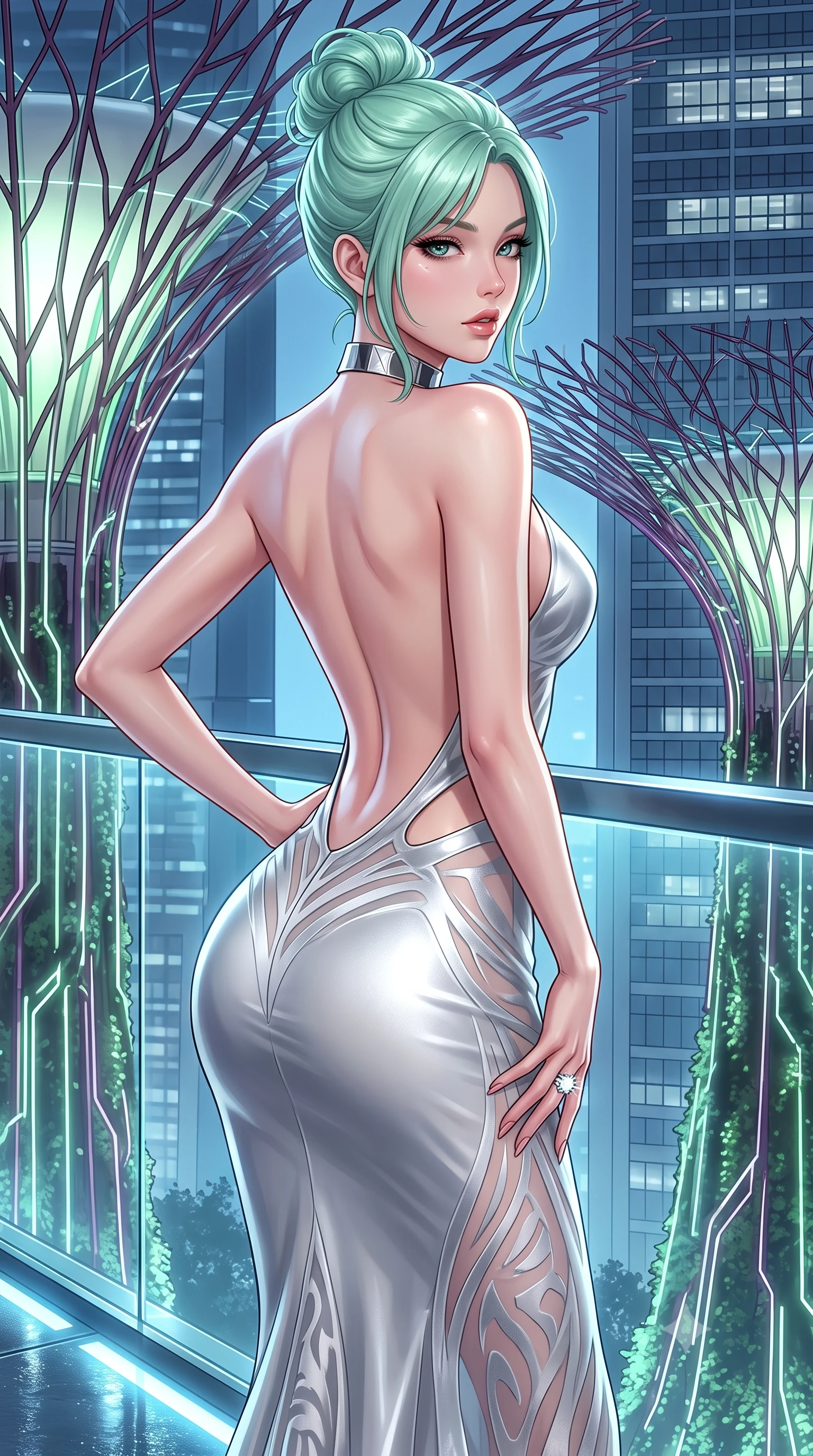 score_9, masterpiece, best quality, ultra-detailed, high-budget anime keyframe, semi-realistic 3D game render, editorial fashion photography, tasteful artistic composition, Japanese woman. close-up cowboy shot from the waist and thighs up, the character dominates the composition, filling the frame with her large presence. posing in an alluring rear three-quarter angle, arching her lower back in a pronounced S-curve with one hand on her hip, glancing seductively over her bare shoulder with parted glossy lips while leaning forward over the transparent skyway glass railing with hips cocked back, looking back over her shoulder as glowing supertree branches illuminate her curvy hips. The surrounding environment is rendered in vivid detail and crisp panoramic clarity. detailed high-tech fabric sheen, LED circuit lines, and distant skyscraper window grids in high resolution. She has an exceptionally elegant, slender, and willowy female figure with an ultra-slim waist, flat toned midriff, narrow ribcage, and sculpted feminine hips creating an alluring, slim hourglass silhouette without bulk. sharp v-shaped jawline, high-bridge nose, intricate jewel-like eyes with depth, thick eyelashes, glossy parted lips with a natural sheen, intensely captivating and seductive bedroom-eyes expression, flawlessly proportioned anatomical accuracy, strict slender model proportions, natural body alignment, perfectly sculpted long slender limbs, ultra-slim waistline, clean dynamic posture without body distortion. wearing a sculptured liquid-satin mermaid gown with an architectural open-waist cutout and bare spine in shimmering silver mercury and pearl white, made of sheer contouring power-mesh with velvet flocking patterns, complemented by a bold geometric choker and sparkling cocktail ring, the dramatically scooped open back descending to the base of her spine, accentuating her razor-sharp statuesque lines and slim hourglass silhouette. illuminated by wet specular glass bounce lights sculpting her toned waistline, slender spine, and feminine hips. highly saturated vibrant anime colors, detailed shading with soft gradients, rich glossy textures, high-contrast stereoscopic depth, volumetric dynamic lighting, master piece, 9:16 ratio