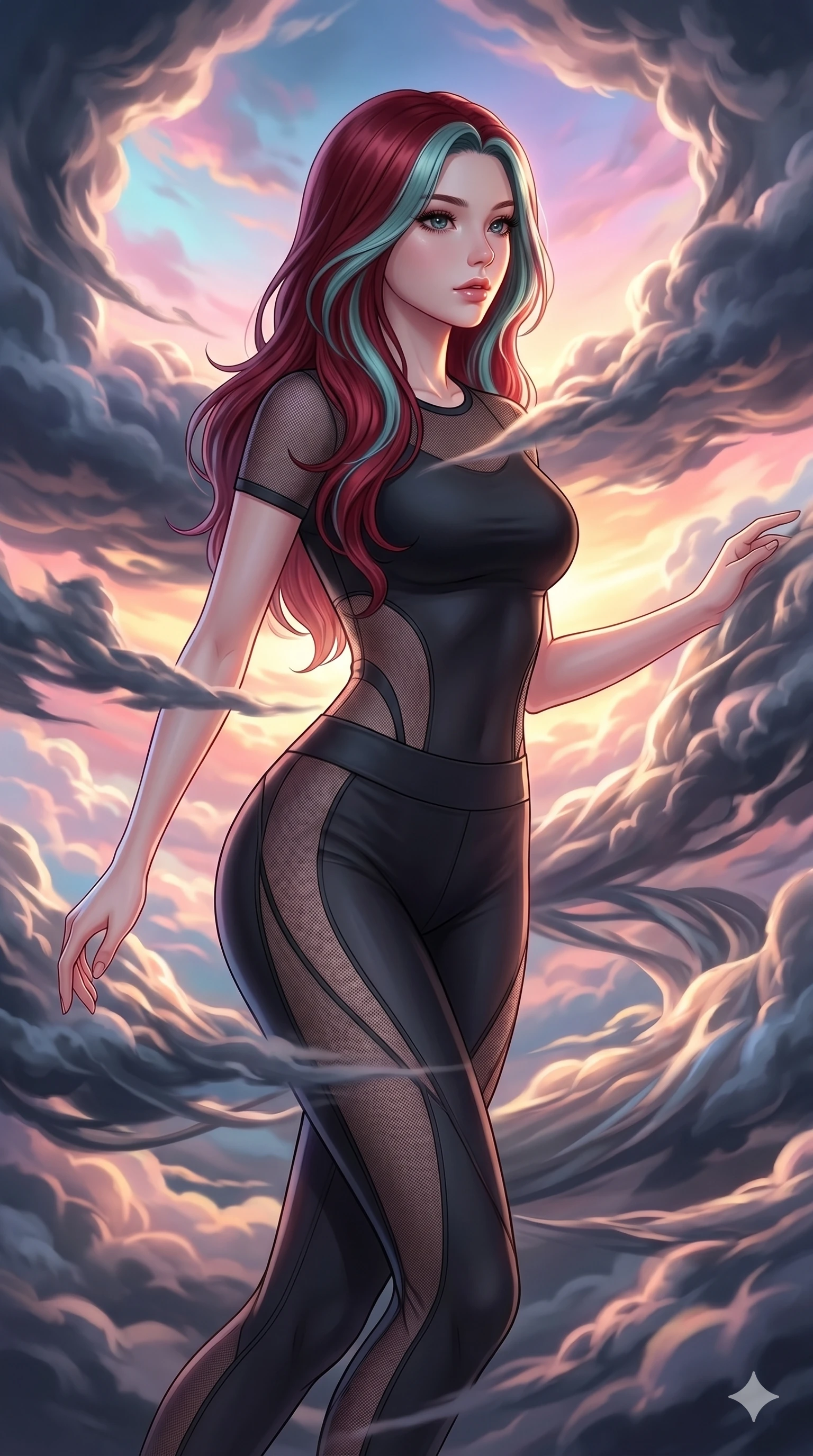 score_9, masterpiece, best quality, ultra-detailed, high-budget anime keyframe, Caucasian woman, strictly human ears. upper body close-up from the thighs up, character filling the screen for maximum presence. threading through a volumetric cloud weave where storm clouds are spun like silk thread under a dramatic sunset glow. She has an absolutely perfect 8-heads proportion, an exceptionally tall and slender female figure with impossibly long slender legs and an ultra-slim waist. V-shaped jawline, high-bridge nose, intricate jewel-like eyes with depth, thick eyelashes, glossy lips with a natural sheen.. wearing a sheer mesh athleisure set, featuring a tight matte black top and leggings with semi-opaque mesh panels tracing the curves of her waist and thighs. enhanced by a luminous pastel spectrum glow, casting elegant rim lights on her shoulders and jawline. 2k, ultra detail, master piece, 9:16 ratio