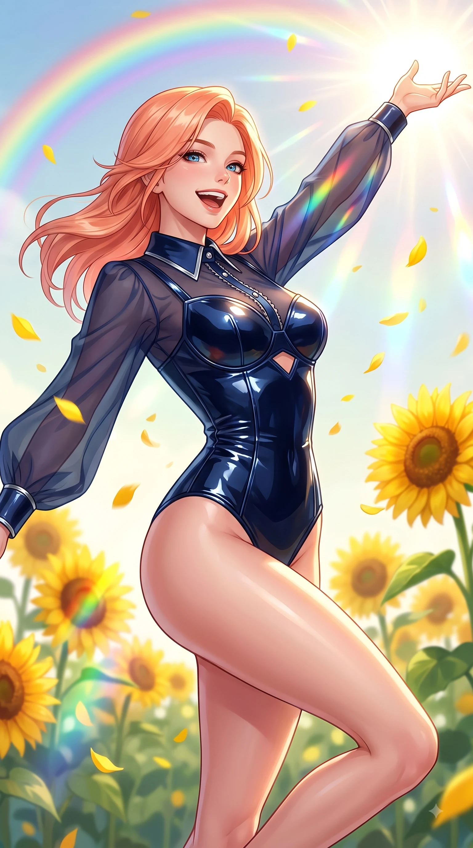 score_9, masterpiece, best quality, ultra-detailed, high-budget anime keyframe, editorial fashion photography, tasteful artistic composition, Japanese woman. close-up cowboy shot from the waist and thighs up, the character dominates the composition, filling the frame with her large presence, background elements kept in soft focus. Extending one arm in an elegant stretch toward the sun while smiling with vibrant, magnetic self-assurance while spinning in mid-air with a delighted laughing expression as yellow petals rain around her, vivid golden sunflowers swaying in a gentle spring breeze under a radiant rainbow arc. She has an exceptionally elegant, slender, and willowy female figure with an ultra-slim waist, a gracefully sculpted slender torso, and a refined silhouette. sharp v-shaped jawline, high-bridge nose, intricate jewel-like eyes with depth, thick eyelashes, glossy lips with a natural sheen, flawlessly proportioned anatomical accuracy, natural body alignment, perfectly sculpted elegant limbs, clean dynamic posture without body distortion. wearing a tailored leather bustier over a sheer silk chiffon blouse in midnight navy blue and chrome trim, tailored from high-gloss patent leather, featuring subtle geometric cutouts that highlight her ultra-slim midriff, the sleek second-skin texture accentuating her magnetic presence. illuminated by dazzling rainbow refractions and bright, cheerful ambient sky glow. highly saturated vibrant anime colors, detailed shading with soft gradients, rich glossy textures, high-contrast stereoscopic depth, volumetric dynamic lighting, master piece, 9:16 ratio