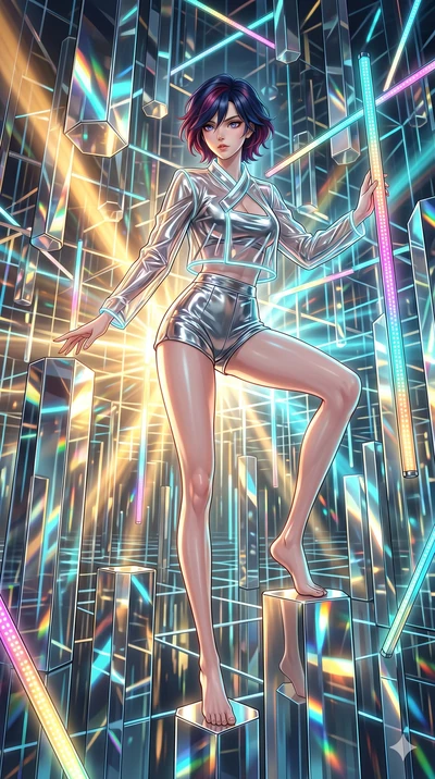 score_9, masterpiece, best quality, ultra-detailed, high-budget anime keyframe, Japanese woman. low angle full-body shot filling the entire 9:16 frame with her statuesque presence, stretching the vertical silhouette. navigating a kinetic light-sculpt