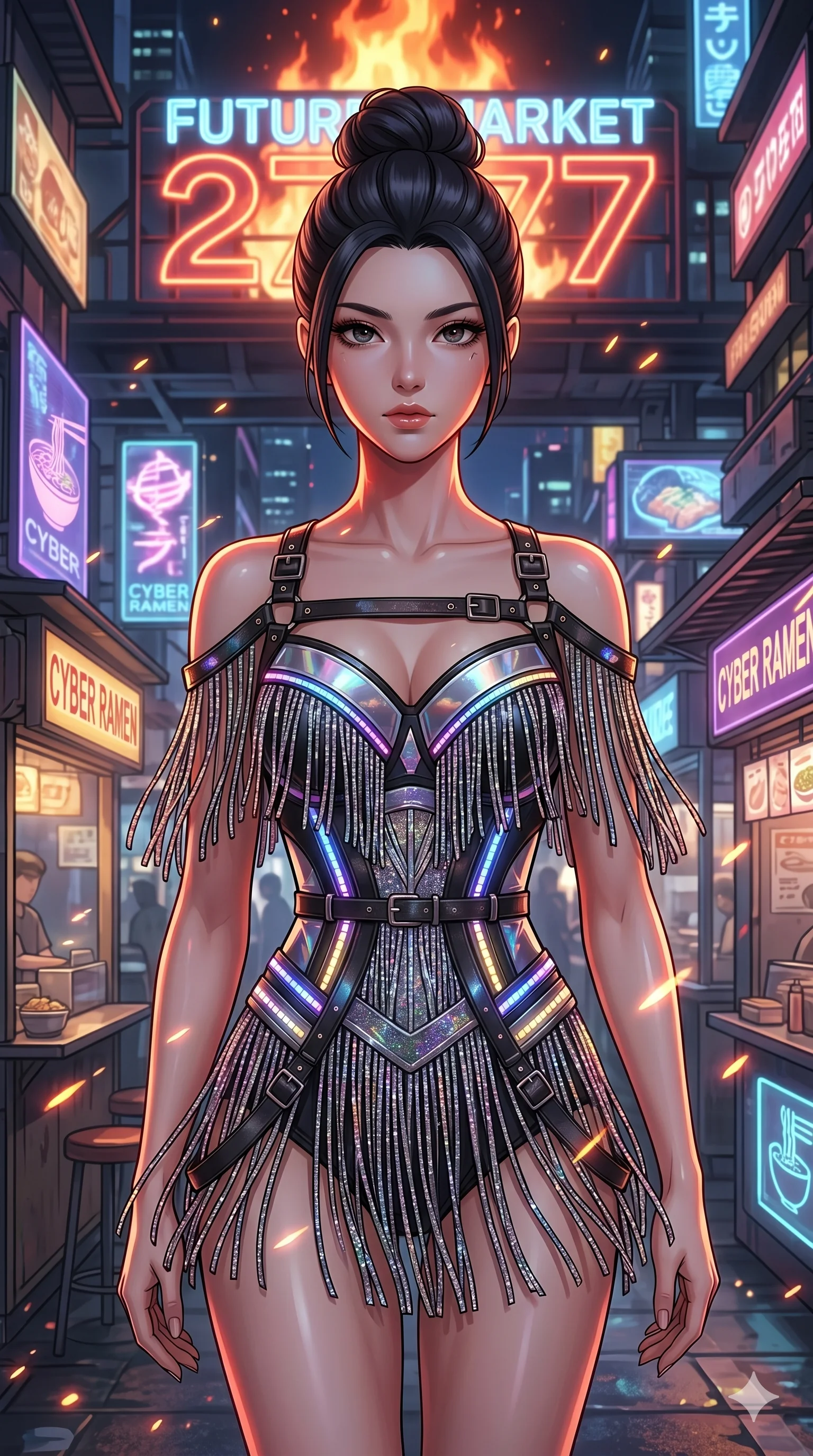 score_9, masterpiece, best quality, ultra-detailed, Set A: High-budget Anime Keyframe, Japanese woman. Upper body close-up from the thighs up, character filling the screen for maximum presence. Walking gracefully through a futuristic night market, with a look of intense determination reflecting the fires of 277 and surrounded by glowing energy sparks. She has an absolutely perfect 8-heads proportion, an exceptionally tall and slender female figure with impossibly long slender legs and an ultra-slim waist. Sharp v-shaped jawline, high-bridge nose, intricate jewel-like eyes with depth, thick eyelashes, glossy lips with a natural sheen. Wearing Cyberpunk idol stage outfit with glittery fringes, leather straps, and glowing LED accents. Cinematic lighting, vibrant colors, dramatic shadows, 2k, ultra detail, master piece, 9:16 ratio