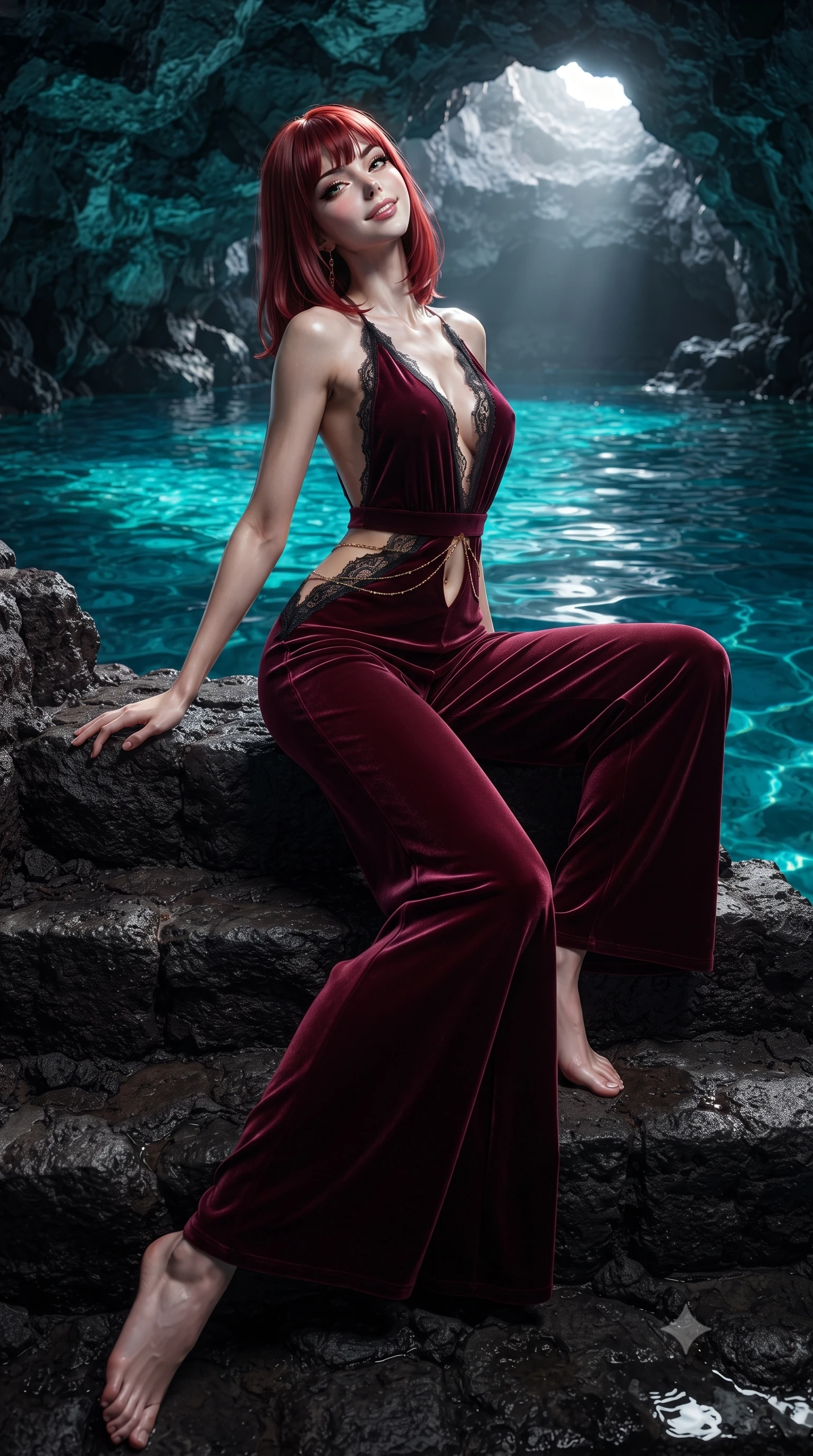 score_9, masterpiece, best quality, ultra-detailed, high-budget anime keyframe, editorial fashion photography, tasteful artistic composition, Caucasian woman. low angle full-body shot from head to toe showing her feet, filling the entire 9:16 vertical frame with her statuesque presence, stretching her vertical silhouette. sitting poised on the stone steps with one knee bent, arching her spine with supermodel elegance as she glances upward through thick eyelashes while twisting her slender torso in an alluring contrapposto stance at the water's edge, molten turquoise cave pool caustics dancing across her curves. The surrounding environment is rendered in vivid detail and crisp panoramic clarity: sharp volcanic basalt stone texture, whitewash stucco relief, and clear pool water meniscus in deep focus. She has an absolutely perfect, statuesque 8.5-heads proportion, an exceptionally tall and slender model-like female figure with impossibly long slender legs, an ultra-slim waist, a flat toned midriff, narrow delicate ribcage, and beautifully sculpted feminine hips creating a graceful, slim hourglass silhouette without any bulky heaviness. sharp v-shaped jawline, high-bridge nose, sparkling eyes with hypnotic seductive depth, thick curled eyelashes, glossy parted lips with a natural dewy peach sheen, alluring bedroom-eyes with an enchanting coquettish smile, exuding magnetic siren charisma and sophisticated glamour, flawlessly proportioned anatomical accuracy, strict slender model proportions, natural body alignment, perfectly sculpted long slender limbs, ultra-slim waistline, clean dynamic posture without body distortion. wearing a backless plunge-front silk satin jumpsuit with fluid wide-leg silhouette and side hip cutouts in deep bordeaux velvet and delicate black chantilly, tailored from ultra-plush velvet with rich tactile depth and deep shadow gradients, accented with a dainty gold belly chain resting across her flat midriff and curving hips, the form-contouring silhouette accentuating her sculpted flat midriff, narrow delicate ribcage, and gracefully curvy hips with intoxicating allure. bathed in luminous turquoise underwater pool illumination mixed with silver harvest moonlight streaming through the cave mouth. ultra-reflective glossy finish, specular highlights, rich textural contrasts, high-contrast stereoscopic depth, volumetric dynamic lighting, 2k, ultra detail, master piece, 9:16 ratio