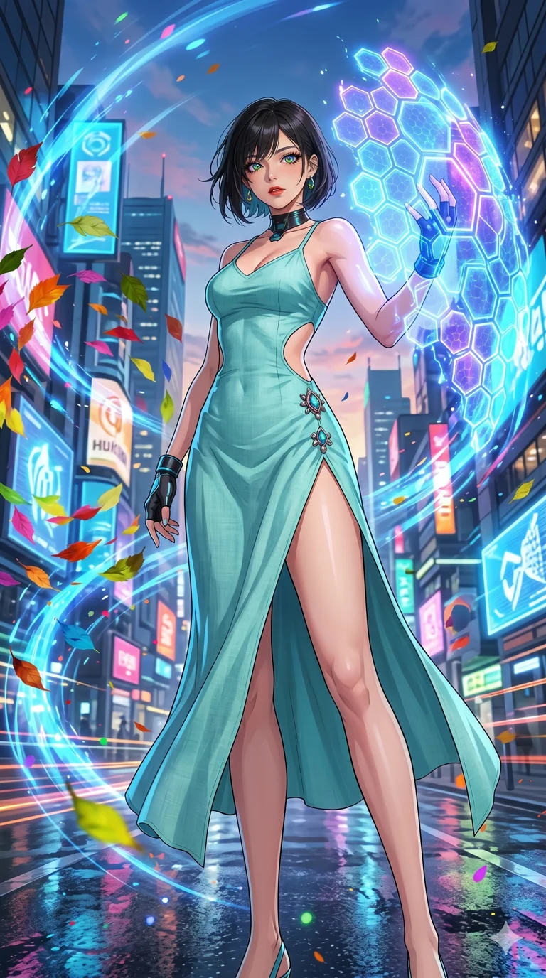 첨부의 캐릭터 얼굴만 유지해, score_9, masterpiece, best quality, ultra-detailed, Set C: High-budget Anime Keyframe, Korean woman. Low angle cowboy shot filling the entire 9:16 frame with her statuesque presence. Summoning a shield made of hexagonal energy tiles. She has an absolutely perfect 8-heads proportion, an exceptionally tall and slender female figure with elegant long slender legs and an slender waist. Sharp v-shaped jawline, high-bridge nose, intricate jewel-like eyes with depth, thick eyelashes, glossy lips. Wearing a Seasonal/Resort outfit: linen sundress with side cut-outs and a high side slit. Background is a bright and colorful metropolis with glowing blue energy effects and dynamic motion. 2k, ultra detail, master piece, 9:16 ratio