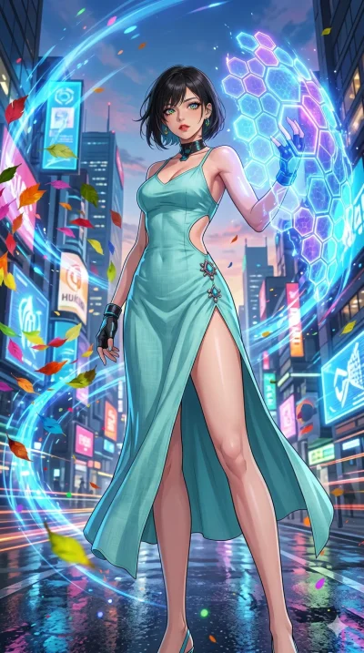 첨부의 캐릭터 얼굴만 유지해, score_9, masterpiece, best quality, ultra-detailed, Set C: High-budget Anime Keyframe, Korean woman. Low angle cowboy shot filling the entire 9:16 frame with her statuesque presence. Summoning a shield made of hexagonal energy tiles.