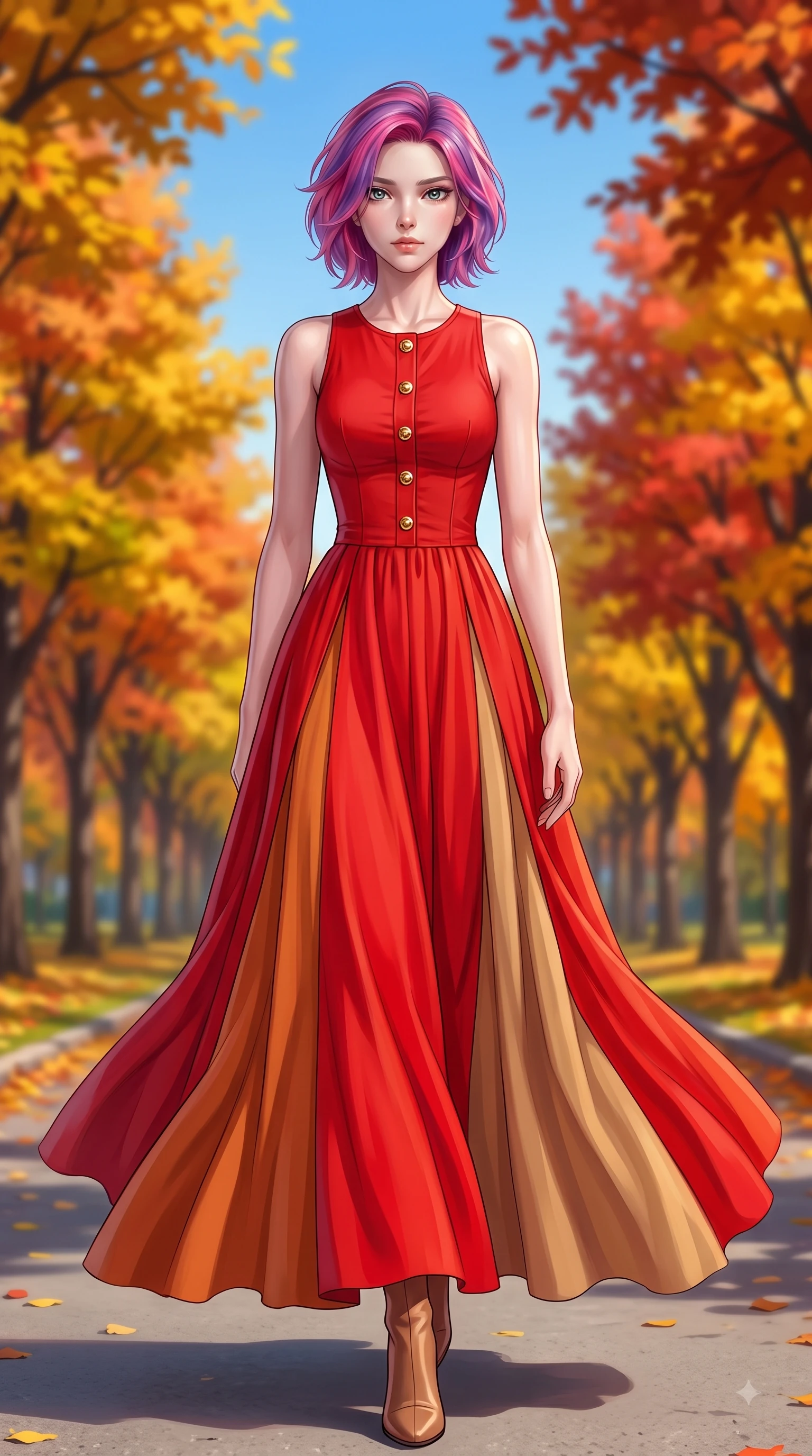 score_9, masterpiece, best quality, ultra-detailed, high-budget anime keyframe, editorial fashion photography, tasteful artistic composition, Caucasian woman. low angle full-body shot from head to toe showing her feet, filling the entire 9:16 vertical frame with her statuesque presence, stretching her vertical silhouette. Heart-tugging melancholic glance with a subtle drop of emotion in her eyes and a quiet wistful posture while stepping along a paved park path flanked by vibrant autumn trees under a clear blue sky. The composition keeps background elements in soft focus with dreamy bokeh. vibrant yellow and orange tree arcades blurring smoothly behind her fashion silhouette. She has an absolutely perfect, statuesque 8.5-heads proportion, an exceptionally tall and slender model-like female figure with impossibly long slender legs and an ultra-slim waist. sharp v-shaped jawline, high-bridge nose, intricate jewel-like eyes with depth, thick eyelashes, glossy lips with a natural sheen, flawlessly proportioned anatomical accuracy, natural body alignment, perfectly sculpted elegant limbs, clean dynamic posture without body distortion. wearing a vibrant scarlet red chiffon maxi dress with a dramatic flowing skirt in burnt orange and warm camel beige, tailored from crisp high-density cotton poplin, finished with gold metallic hardware buttons along the front, the tailored fit highlighting her statuesque and model-like silhouette. surrounded by a crisp, romantic, and vibrant autumn editorial atmosphere. highly saturated vibrant anime colors, detailed shading with soft gradients, rich glossy textures, high-contrast stereoscopic depth, volumetric dynamic lighting, master piece, 9:16 ratio