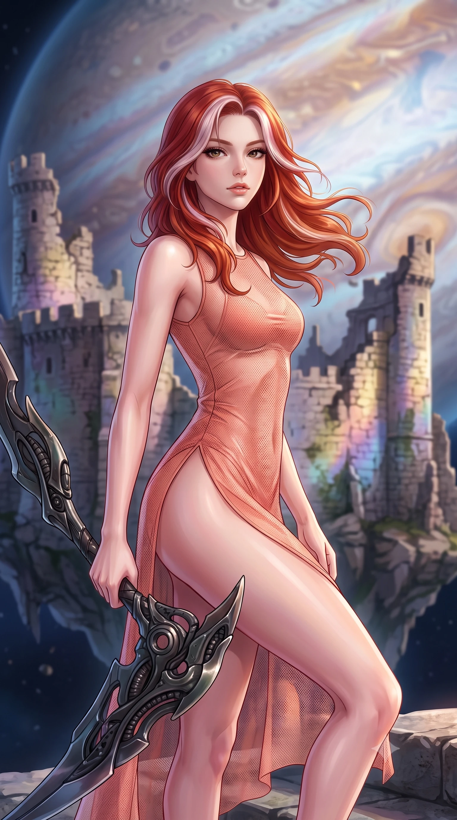 score_9, masterpiece, best quality, ultra-detailed, high-budget anime keyframe, editorial fashion photography, tasteful artistic composition, Caucasian woman. close-up cowboy shot from the waist and thighs up, the character dominates the composition, filling the frame with her large presence, background elements kept in soft focus. holding a deactivated nanotech glaive, looking past the camera with quiet, sharp focus and a composed expression, the background shows a soft-focus ruined stone battlements of a citadel suspended in orbit around a gas planet. She has an exceptionally elegant, slender, and willowy female figure with an ultra-slim waist, a gracefully sculpted slender torso, and a refined silhouette. sharp v-shaped jawline, high-bridge nose, intricate jewel-like eyes with depth, thick eyelashes, glossy lips with a natural sheen. wearing a tailored high-slit sheer carbon-mesh dress in soft coral, revealing the contours of her athletic build. cosmic background light painting the ancient stone walls in a soft wash. highly saturated vibrant anime colors, detailed shading with soft gradients, rich glossy textures, high-contrast stereoscopic depth, volumetric dynamic lighting, master piece, 9:16 ratio