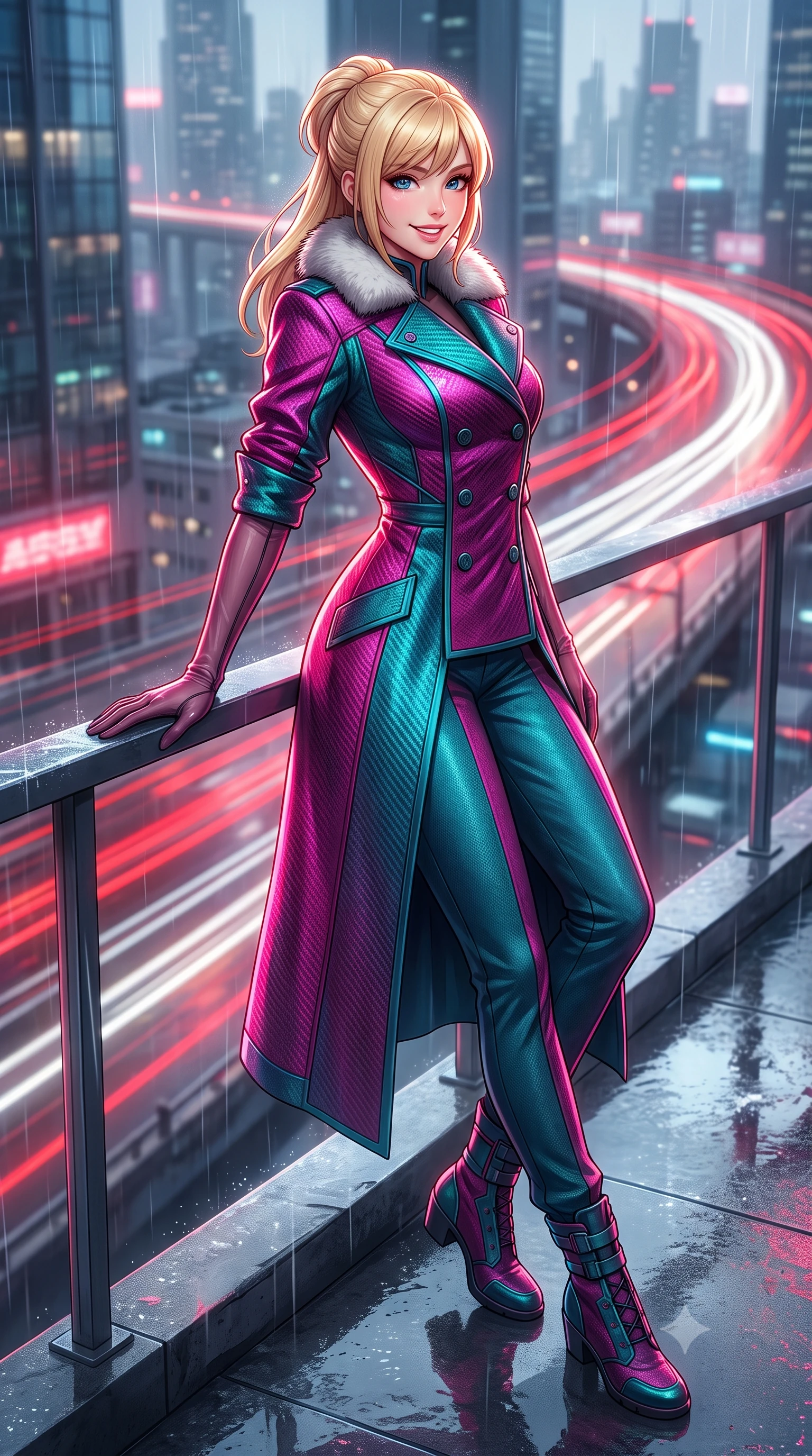 score_9, masterpiece, best quality, ultra-detailed, high-budget anime keyframe, semi-realistic 3D game render, editorial fashion photography, tasteful artistic composition, Caucasian woman. low angle full-body shot from head to toe showing her feet, filling the entire 9:16 vertical frame with her statuesque presence, stretching her vertical silhouette. leaning deep against the balcony balustrade with hips cocked back in an unapologetically alluring high-fashion stance, casting an intoxicating glance while twisting her slender torso in an alluring contrapposto stance, long red and white aerocar light trails creating streaks of brilliance across her narrow waist and hips. The background shows a soft-focus fine rain vapor softened in high-altitude freeway sniper perch shallow focus. She has an exceptionally tall and slender model-like 8.5-heads proportion, an ultra-slim waist, a flat toned midriff, narrow delicate ribcage, and beautifully sculpted feminine hips creating a graceful, slim hourglass silhouette without any bulky heaviness, with impossibly long slender legs. sharp v-shaped jawline, high-bridge nose, intricate jewel-like sparkling eyes with depth, thick eyelashes, glossy parted lips with a natural peach sheen, bright cheerful beaming smile with an enchanting and coquettish sensual glint, exuding both youthful cute charm and seductive allure, flawlessly proportioned anatomical accuracy, strict slender model proportions, natural body alignment, perfectly sculpted long slender limbs, ultra-slim waistline, clean dynamic posture without body distortion. wearing a futuristic double-breasted arctic combat officer greatcoat with thermal fur-lined collar and tailored wool trousers in Kowloon neon magenta and electric teal, woven from structured carbon-fiber jacquard with rich textural depth, complemented by sheer opera-length evening gloves tracing her slender arms, the bespoke structured tailoring following the natural line of her 8.5-heads silhouette with refined elegance. illuminated by wet concrete reflection bounce and sharp ruby-white rim lights sculpting her jawline, narrow waist, and curvy hips. highly saturated vibrant anime colors, detailed shading with soft gradients, rich glossy textures, high-contrast stereoscopic depth, volumetric dynamic lighting, master piece, 9:16 ratio