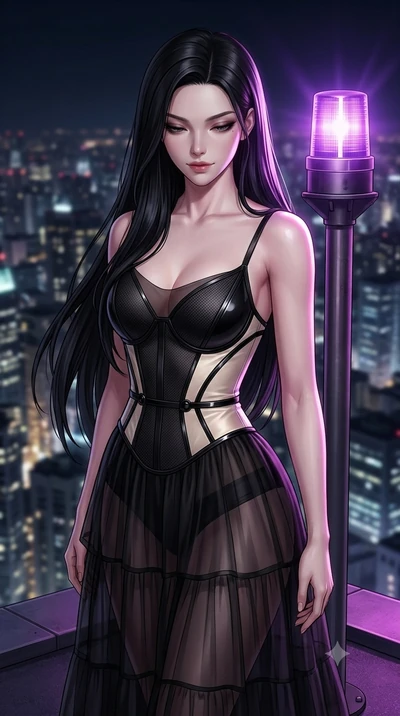 score_9, masterpiece, best quality, ultra-detailed, high-budget anime keyframe, semi-realistic 3D game render, editorial fashion photography, tasteful artistic composition, Korean woman. close-up cowboy shot from the waist and thighs up, the characte