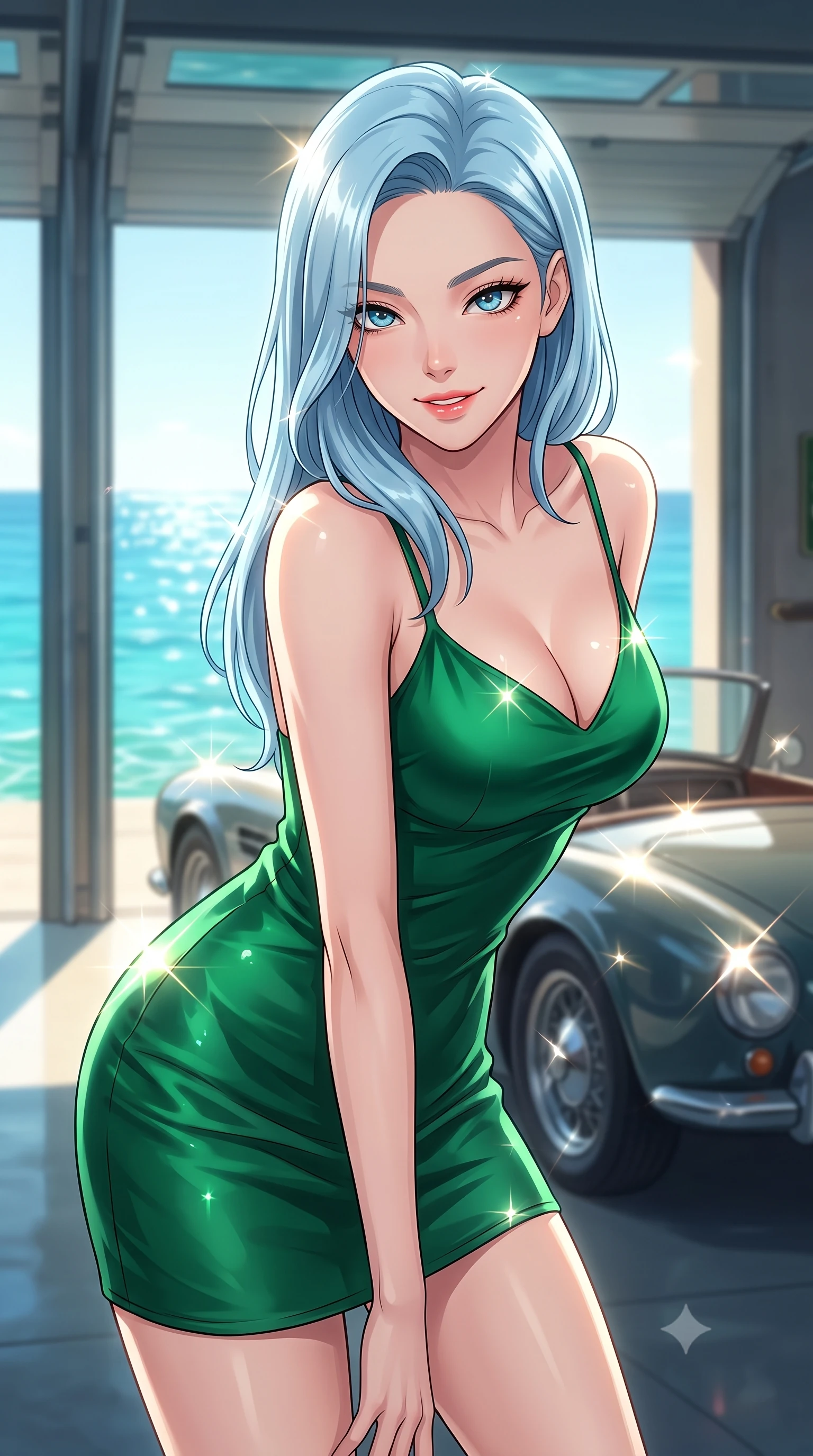 score_9, masterpiece, best quality, ultra-detailed, high-budget anime keyframe, tasteful artistic composition, Korean woman. close-up cowboy shot from the waist and thighs up, the character dominates the composition, filling the frame with her large presence, background elements kept in soft focus. leaning slightly forward with a playful, teasing smile, her gaze locked onto the viewer the background shows a soft-focus a coastal villa garage with open bays overlooking the turquoise ocean water. She has an exceptionally elegant, slender, and willowy female figure with an ultra-slim waist, a gracefully sculpted slender torso, and a refined silhouette. sharp v-shaped jawline, high-bridge nose, intricate jewel-like eyes with depth, thick eyelashes, glossy lips with a natural sheen. wearing a slim-fit form-contouring emerald green silk slip dress that hugs her slender waist and hips. bright morning sun rays creating sparkling glints on the sea and the car chassis. highly saturated vibrant anime colors, cel-shading, 2d style, master piece, 9:16 ratio