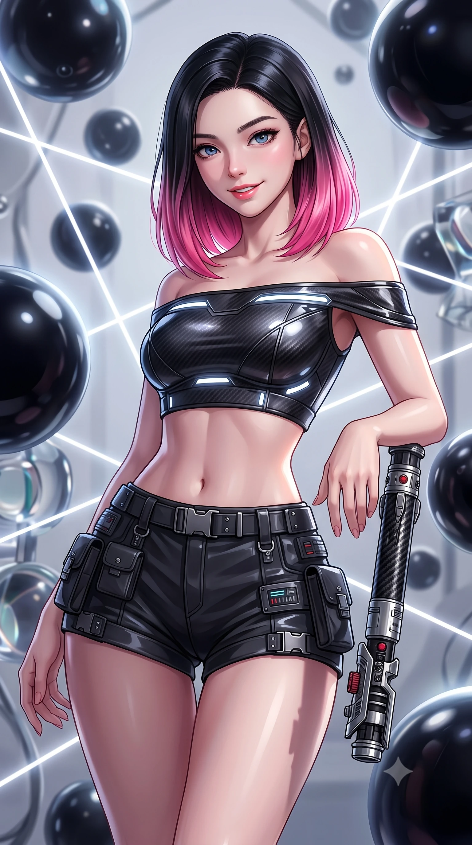 score_9, masterpiece, best quality, ultra-detailed, high-budget anime keyframe, editorial fashion photography, tasteful artistic composition, Korean woman. close-up cowboy shot from the waist and thighs up, the character dominates the composition, filling the frame with her large presence, background elements kept in soft focus. leaning slightly forward with a playful, teasing smile while holding a deactivated plasma saber hilt, the background shows a soft-focus a gravity lensing chamber filled with floating obsidian spheres. She has an exceptionally elegant, slender, and willowy female figure with an ultra-slim waist, a gracefully sculpted slender torso, and a refined silhouette. sharp v-shaped jawline, high-bridge nose, intricate jewel-like eyes with depth, thick eyelashes, glossy lips with a natural sheen. wearing a slim-fit chic off-shoulder carbon-plate crop top, paired with high-waisted utility micro-shorts. high-contrast chiaroscuro shadows created by white laser confinement beams. highly saturated vibrant anime colors, detailed shading with soft gradients, rich glossy textures, high-contrast stereoscopic depth, volumetric dynamic lighting, master piece, 9:16 ratio