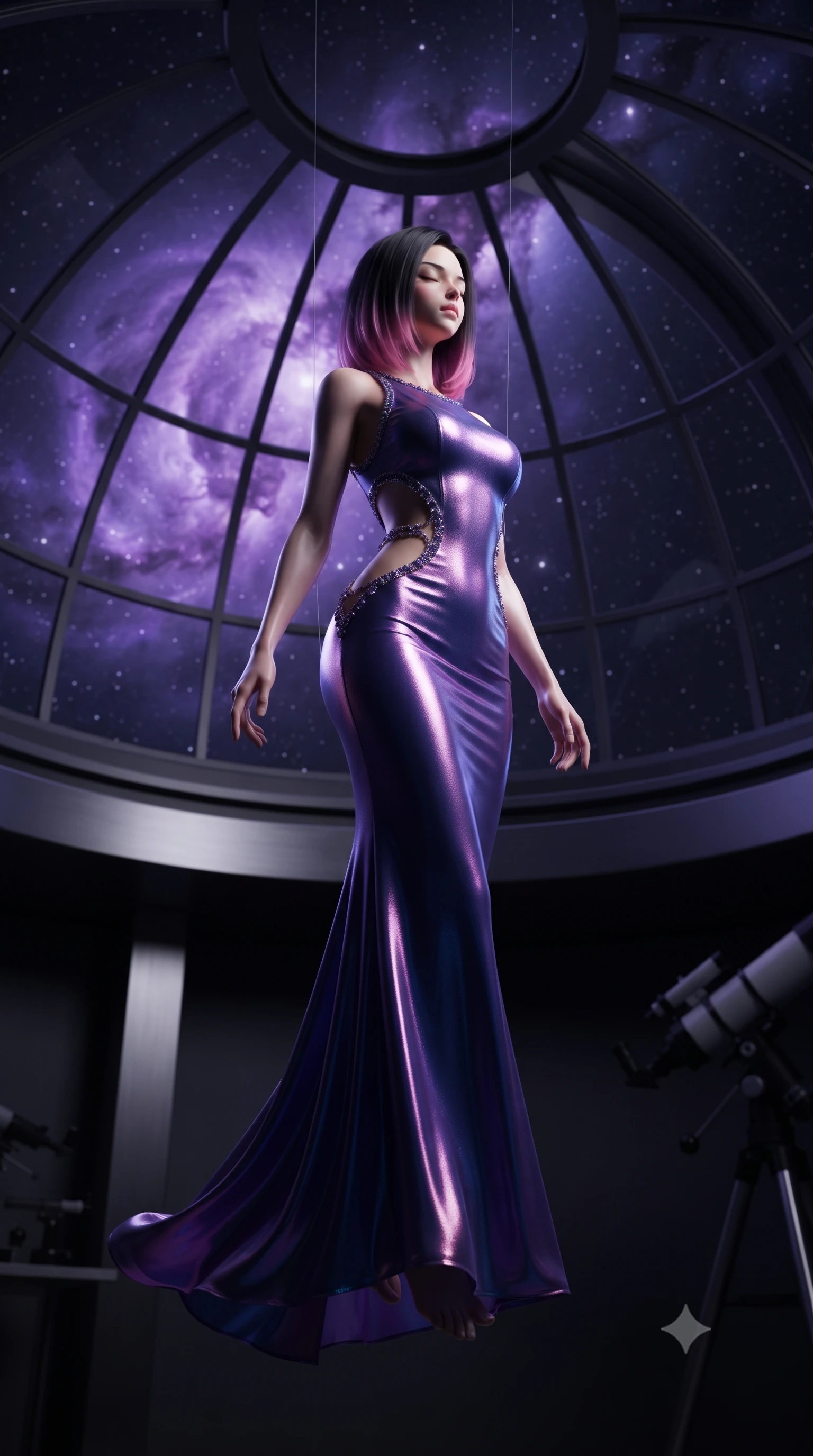 score_9, masterpiece, best quality, ultra-detailed, High-budget Anime Keyframe, editorial fashion photography, tasteful artistic composition, realistic cosplay photography, East Asian woman. Low angle cowboy shot filling the entire 9:16 frame with her statuesque presence. Scenario 356: suspended by invisible silk threads inside a high-altitude observatory dome under a swirling violet nebula. Her presence is magnetic and overpowering in this high-budget cinematic scene. Outfit 356: a body-hugging shimmering chiffon bare with a strategic side cut-outs and tight-fitting silhouette. The clothing is designed to emphasize her exceptionally tall and slender 8-heads proportion. 8-heads proportion, towering silhouette, ultra-slim waist. sharp v-shaped jawline, intricate jewel-like eyes with depth, thick eyelashes, glossy lips. ultra-reflective glossy finish, specular highlights, metallic sheen, high-contrast stereoscopic depth, volumetric dynamic lighting, 2k, ultra detail, master piece, 9:16 ratio