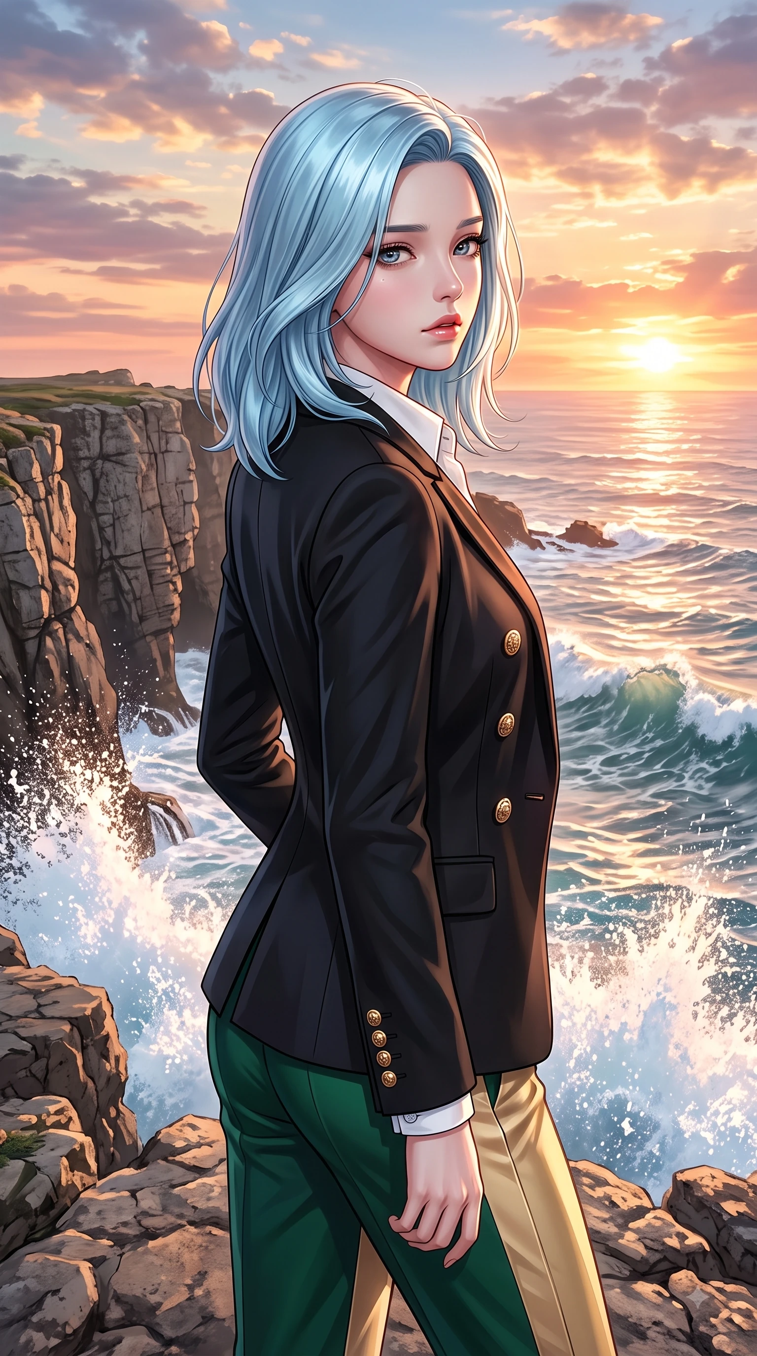 score_9, masterpiece, best quality, ultra-detailed, high-budget anime keyframe, editorial fashion photography, tasteful artistic composition, Korean woman. close-up cowboy shot from the waist and thighs up, the character dominates the composition, filling the frame with her large presence. Heart-tugging melancholic glance with a subtle drop of emotion in her eyes and a quiet wistful posture while standing dramatically on a seaside cliff edge as golden sunset light paints the crashing ocean waves. The surrounding environment is rendered in vivid detail and crisp panoramic clarity. dramatic sea cliff textures, splashing wave foam, and vibrant sunset sky clouds in panoramic clarity. She has an exceptionally elegant, slender, and willowy female figure with an ultra-slim waist, a gracefully sculpted slender torso, and a refined silhouette. sharp v-shaped jawline, high-bridge nose, intricate jewel-like eyes with depth, thick eyelashes, glossy lips with a natural sheen, flawlessly proportioned anatomical accuracy, natural body alignment, perfectly sculpted elegant limbs, clean dynamic posture without body distortion. wearing a sleek jet black tailored blazer over a crisp white button-down and trousers in deep emerald green and champagne gold, tailored from crisp high-density cotton poplin, finished with gold metallic hardware buttons along the front, the chic fashion cut framing her graceful clavicle and slender torso. illuminated by a dramatic rose-gold sky glow with vivid rim highlights. highly saturated vibrant anime colors, detailed shading with soft gradients, rich glossy textures, high-contrast stereoscopic depth, volumetric dynamic lighting, master piece, 9:16 ratio