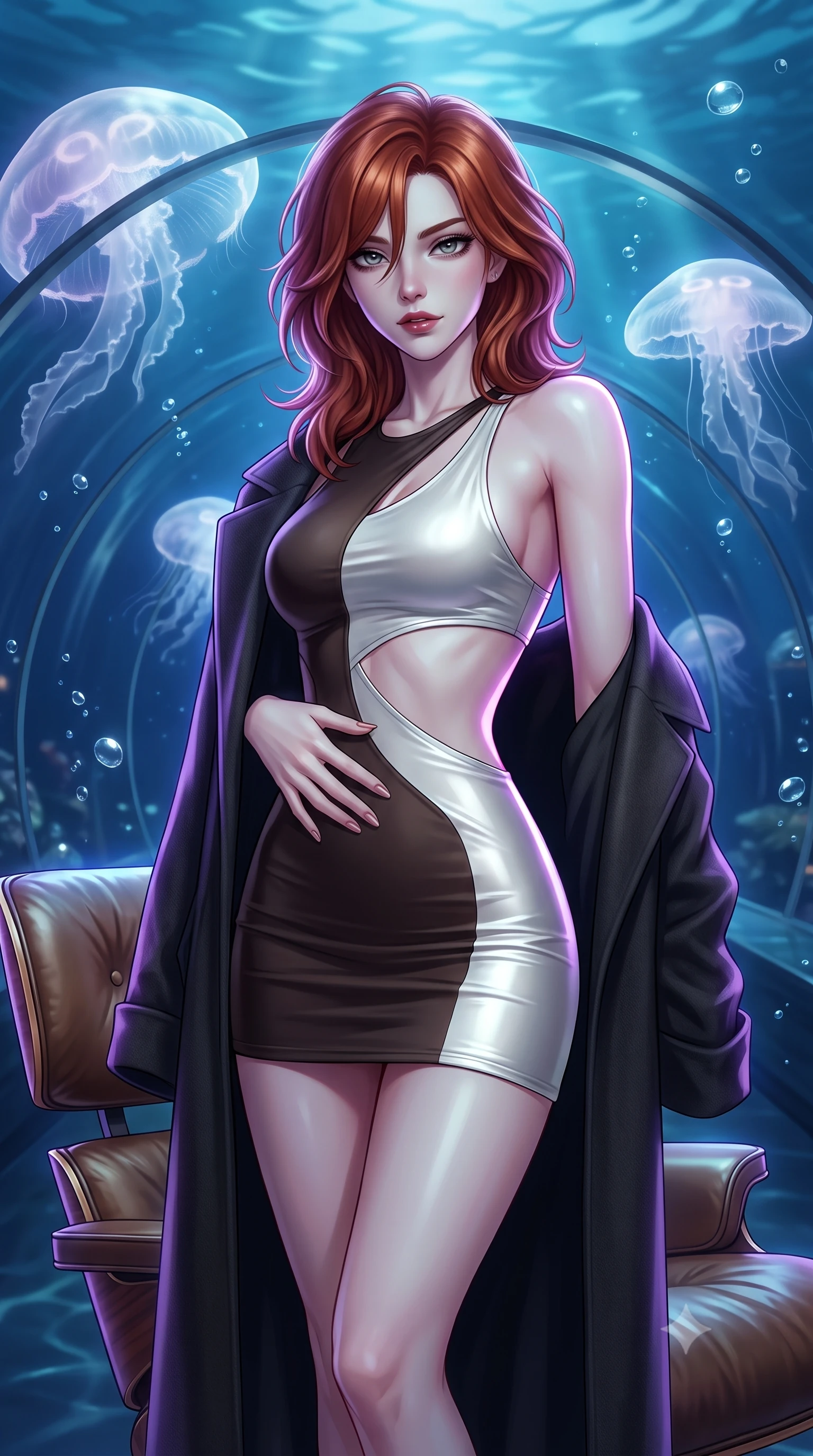 score_9, masterpiece, best quality, ultra-detailed, high-budget anime keyframe, semi-realistic 3D game render, editorial fashion photography, tasteful artistic composition, Korean woman. close-up cowboy shot from the waist and thighs up, the character dominates the composition, filling the frame with her large presence. leaning back against the leather lounge with relaxed seductive grace, one hand resting on her flat midriff as her narrow waist and curvy hips command the frame while standing centered within the curved acrylic tunnel as colossal translucent moon jellyfish pulse silently, arching her back with an ethereal, sovereign expression. The composition keeps background elements in soft focus with dreamy creamy bokeh. deep ocean water currents and floating air micro-bubbles softened in surreal aquatic shallow focus. She has an exceptionally elegant, slender, and willowy female figure with an ultra-slim waist, flat toned midriff, narrow ribcage, and sculpted feminine hips creating an alluring, slim hourglass silhouette without bulk. sharp v-shaped jawline, high-bridge nose, intricate jewel-like dark sparkling eyes with dangerous depth, thick curled eyelashes, glossy parted lips with a rich wine sheen, smoldering seductive half-smile with bedroom-eyes, exuding effortless superiority and intoxicating dark allure, flawlessly proportioned anatomical accuracy, strict slender model proportions, natural body alignment, perfectly sculpted long slender limbs, ultra-slim waistline, clean dynamic posture without body distortion. wearing a cut-out liquid silver mini dress with open-waist architecture emphasizing her hourglass curves in dark espresso brown and pearlescent ivory, made of liquid-tight stretch jersey emphasizing every curve of her body, complemented by an oversized dark cashmere coat draped casually over one shoulder, the form-contouring cut accentuating her sculpted flat midriff, narrow delicate ribcage, and gracefully curvy hips with sovereign high-fashion precision. illuminated by pulsating ultraviolet rim lights and caustic water reflections sharply carving her razor-sharp jawline, narrow waist, and curvy hips. highly saturated vibrant anime colors, detailed shading with soft gradients, rich glossy textures, high-contrast stereoscopic depth, volumetric dynamic lighting, master piece, 9:16 ratio