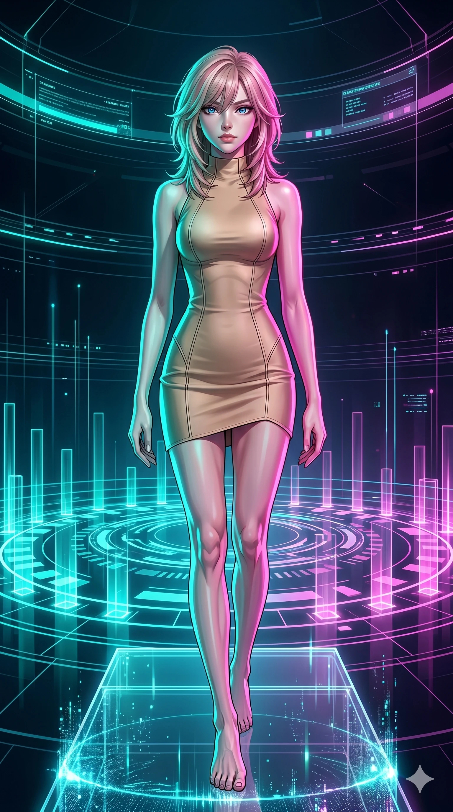 score_9, masterpiece, best quality, ultra-detailed, high-budget anime keyframe, editorial fashion photography, tasteful artistic composition, Japanese woman. low angle full-body shot from head to toe showing her feet, filling the entire 9:16 vertical frame with her statuesque presence, stretching her vertical silhouette. Stepping powerfully forward onto an elevated surface at the center of a circular holographic arena where light pillars pulse rhythmically. She has an absolutely perfect 8-heads proportion, an exceptionally tall and slender female figure with impossibly long slender legs and an ultra-slim waist. V-shaped jawline, high-bridge nose, intricate jewel-like eyes with depth, thick eyelashes, glossy lips with a natural sheen. wearing a precision-engineered bodycon mini dress in deep champagne scuba fabric that contours every curve with architectural seaming, featuring a high structured neckline and an elevated hemline at mid-thigh. under intense neon teal and magenta split-lighting creating vivid chromatic contrast on her figure. 2k, ultra detail, master piece, 9:16 ratio