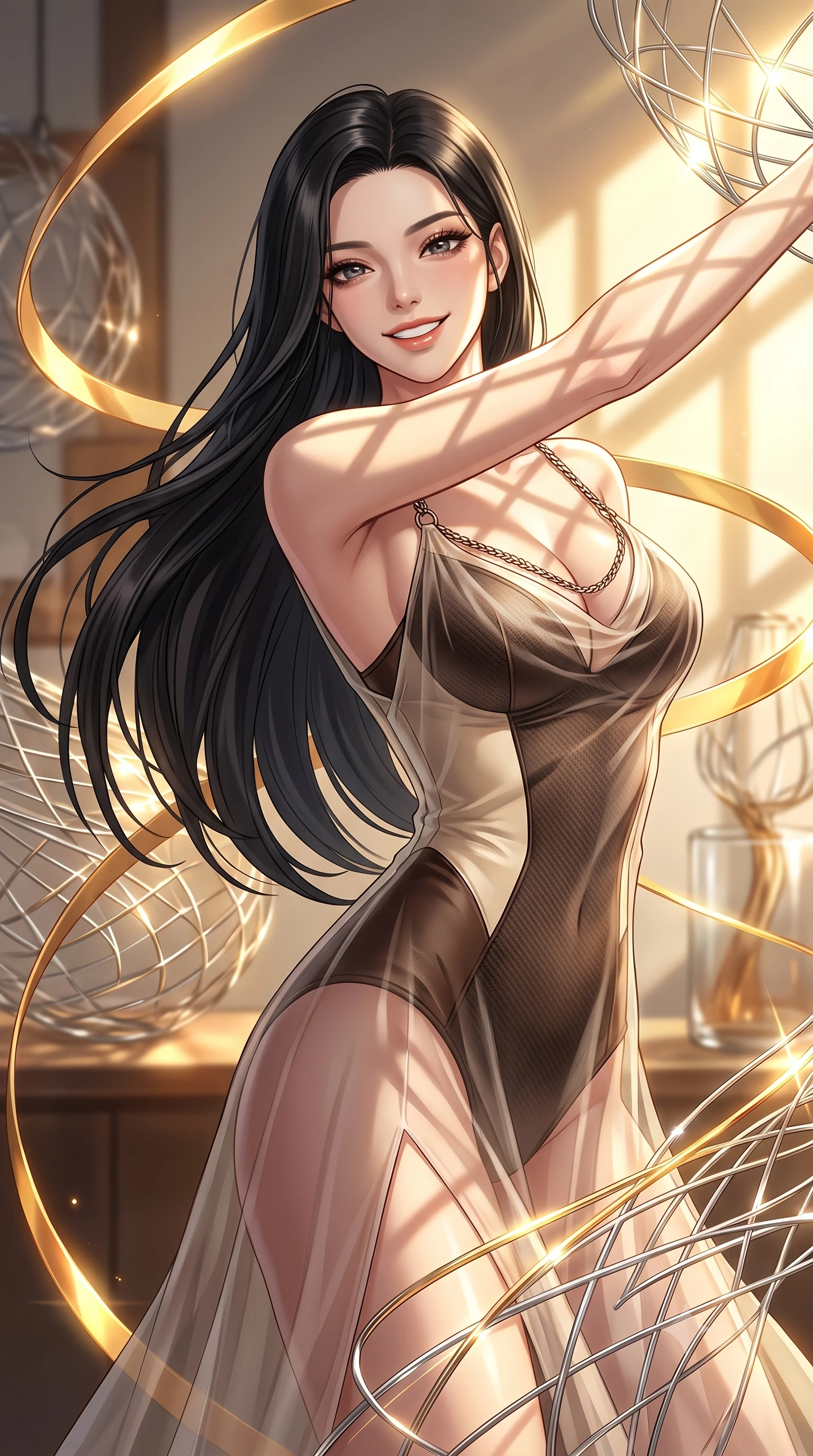 score_9, masterpiece, best quality, ultra-detailed, high-budget anime keyframe, editorial fashion photography, tasteful artistic composition, Korean woman. close-up cowboy shot from the waist and thighs up, the character dominates the composition, filling the frame with her large presence, background elements kept in soft focus. Extending one arm in an elegant stretch toward the light while smiling with magnetic self-assurance while pivoting sharply with a dynamic waist tilt as golden solar flare ribbons swirl around her, platinum wire lattices reflecting intense warm sunlight with brilliant metallic luster. She has an exceptionally elegant, slender, and willowy female figure with an ultra-slim waist, a gracefully sculpted slender torso, and a refined silhouette. sharp v-shaped jawline, high-bridge nose, intricate jewel-like eyes with depth, thick eyelashes, glossy lips with a natural sheen, flawlessly proportioned anatomical accuracy, natural body alignment, perfectly sculpted elegant limbs, clean dynamic posture without body distortion. wearing a semi-opaque sheer overlay dress over a leather micro-bodysuit in espresso brown and warm cream, made of fine carbon-fiber weave and soft matte leather, adorned with delicate metallic chain straps along the neckline, the elegant draped fit framing her graceful clavicle and slender torso. illuminated by a majestic golden key light casting sharp dynamic shadow grids. highly saturated vibrant anime colors, detailed shading with soft gradients, rich glossy textures, high-contrast stereoscopic depth, volumetric dynamic lighting, master piece, 9:16 ratio