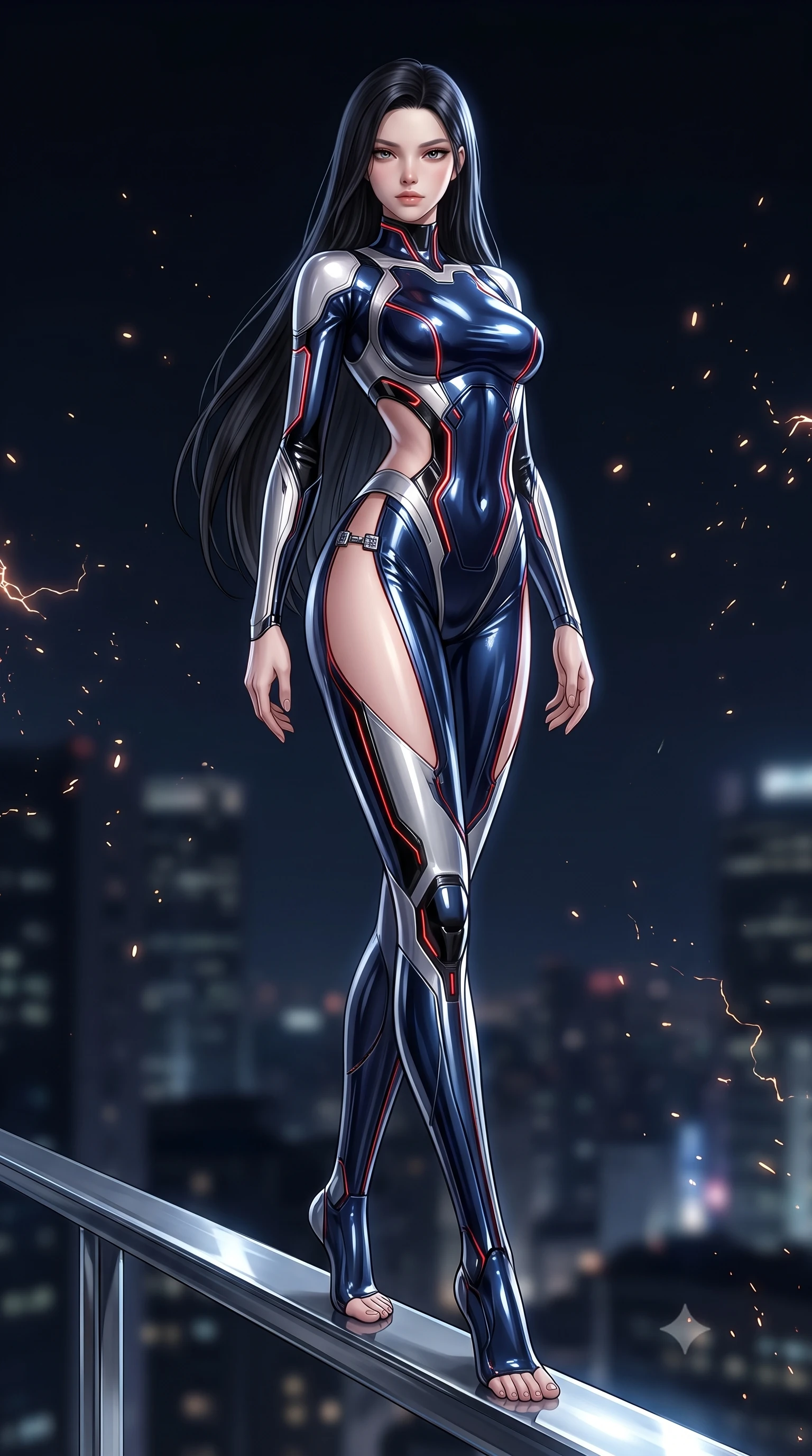 score_9, masterpiece, best quality, ultra-detailed, high-budget anime keyframe, editorial fashion photography, tasteful artistic composition, Korean woman. low angle full-body shot from head to toe showing her feet, filling the entire 9:16 vertical frame with her statuesque presence, stretching her vertical silhouette. arching her spine in a fluid zero-gravity turn with sovereign grace, her long slender legs and sculpted torso creating a sweeping line while stepping along a narrow chrome gantry extending into the open night air with commanding supermodel grace. The composition keeps background elements in soft focus with creamy bokeh. crackling plasma sparks scattering subtle glowing light motes across a dark nocturnal backdrop. She has an absolutely perfect, statuesque 8.5-heads proportion, an exceptionally tall and slender model-like female figure with impossibly long slender legs, a toned flat midriff, and an ultra-slim waist. sharp v-shaped jawline, high-bridge nose, intricate jewel-like eyes with depth, thick eyelashes, glossy lips with a natural sheen, flawlessly proportioned anatomical accuracy, strict slender model proportions, natural body alignment, perfectly sculpted long slender limbs, ultra-slim waistline, clean dynamic posture without body distortion. wearing a statuesque midnight cobalt and polished platinum bodysuit featuring sleek aerodynamic contour lines and glowing circuit accents in high-gloss obsidian black and burning laser crimson accents, formed from high-gloss patent material with specular chiaroscuro reflections, finished with an ultra-high side slit secured by miniature magnetic clasps, the precision-cut daring openings accentuating her delicate midriff, graceful bare collarbones, and ultra-slim feminine waistline. surrounded by an exhilarating, supreme, and fiercely alluring cyber-monarch aura. ultra-reflective glossy finish, specular highlights, dark metallic sheen, high-contrast stereoscopic depth, volumetric dynamic lighting, 2k, ultra detail, master piece, 9:16 ratio