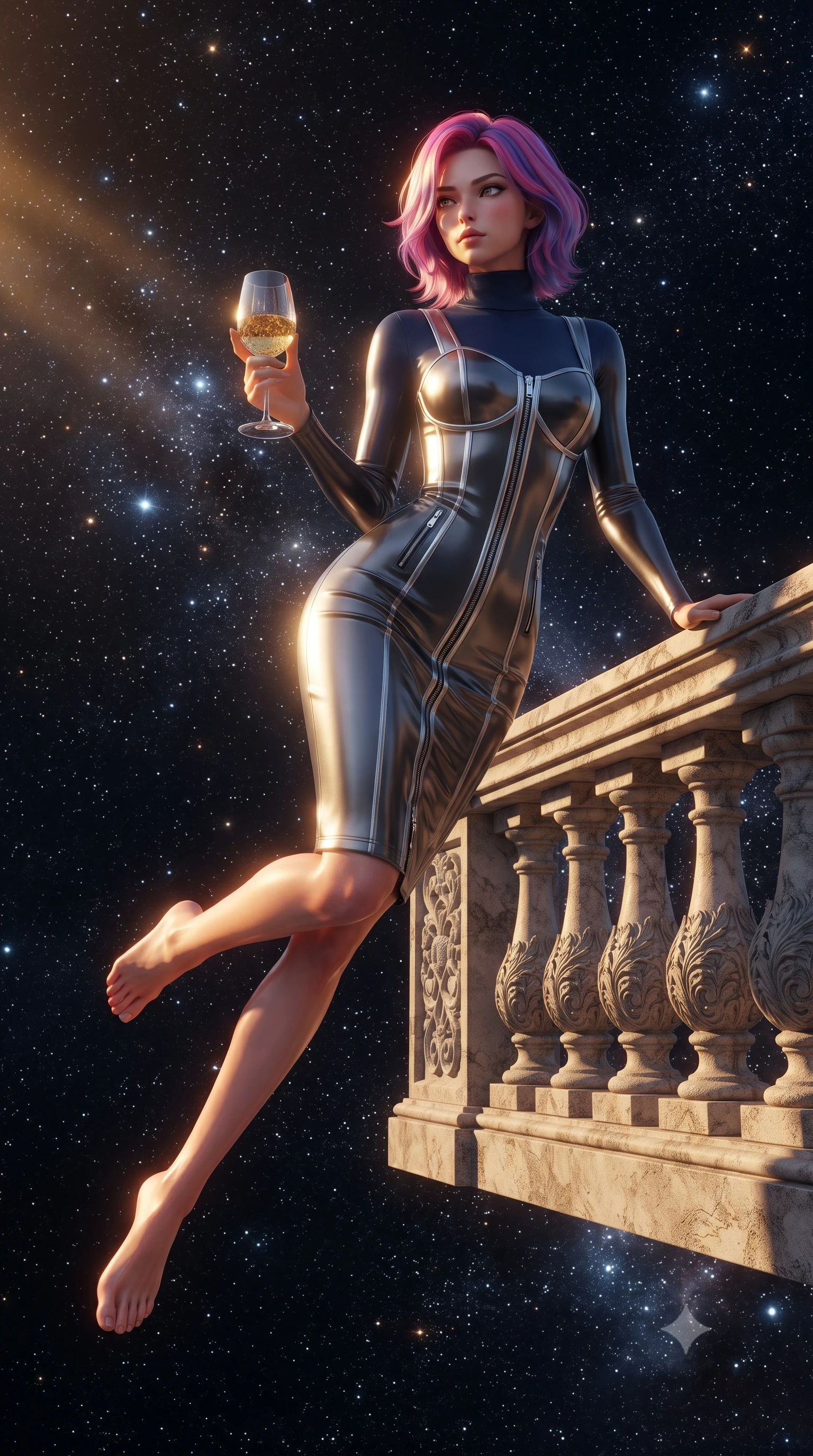 score_9, masterpiece, best quality, ultra-detailed, high-budget anime keyframe, editorial fashion photography, tasteful artistic composition, Caucasian woman. low angle full-body shot from head to toe showing her feet, filling the entire 9:16 vertical frame with her statuesque presence, stretching her vertical silhouette. leaping dynamically through the starry space, her posture full of power and elegance, resting against a stone balustrade holding a crystal glass of golden wine, intense golden-hour sunbeams casting warm amber light across her skin. She has an absolutely perfect, statuesque 8.5-heads proportion, an exceptionally tall and slender model-like female figure with impossibly long slender legs and an ultra-slim waist. sharp v-shaped jawline, high-bridge nose, intricate jewel-like eyes with depth, thick eyelashes, glossy lips with a natural sheen. wearing structured charcoal trench dress over sleek turtleneck in midnight navy blue, made of liquid dark mercury jersey, finished with metallic silver boning and sleek zipper points, following her slender form with tailored precision. lit by clear golden key rays casting soft graceful shadows. ultra-reflective glossy finish, specular highlights, metallic sheen, high-contrast stereoscopic depth, volumetric dynamic lighting, 2k, ultra detail, master piece, 9:16 ratio