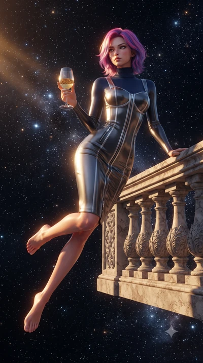 score_9, masterpiece, best quality, ultra-detailed, high-budget anime keyframe, editorial fashion photography, tasteful artistic composition, Caucasian woman. low angle full-body shot from head to toe showing her feet, filling the entire 9:16 vertica