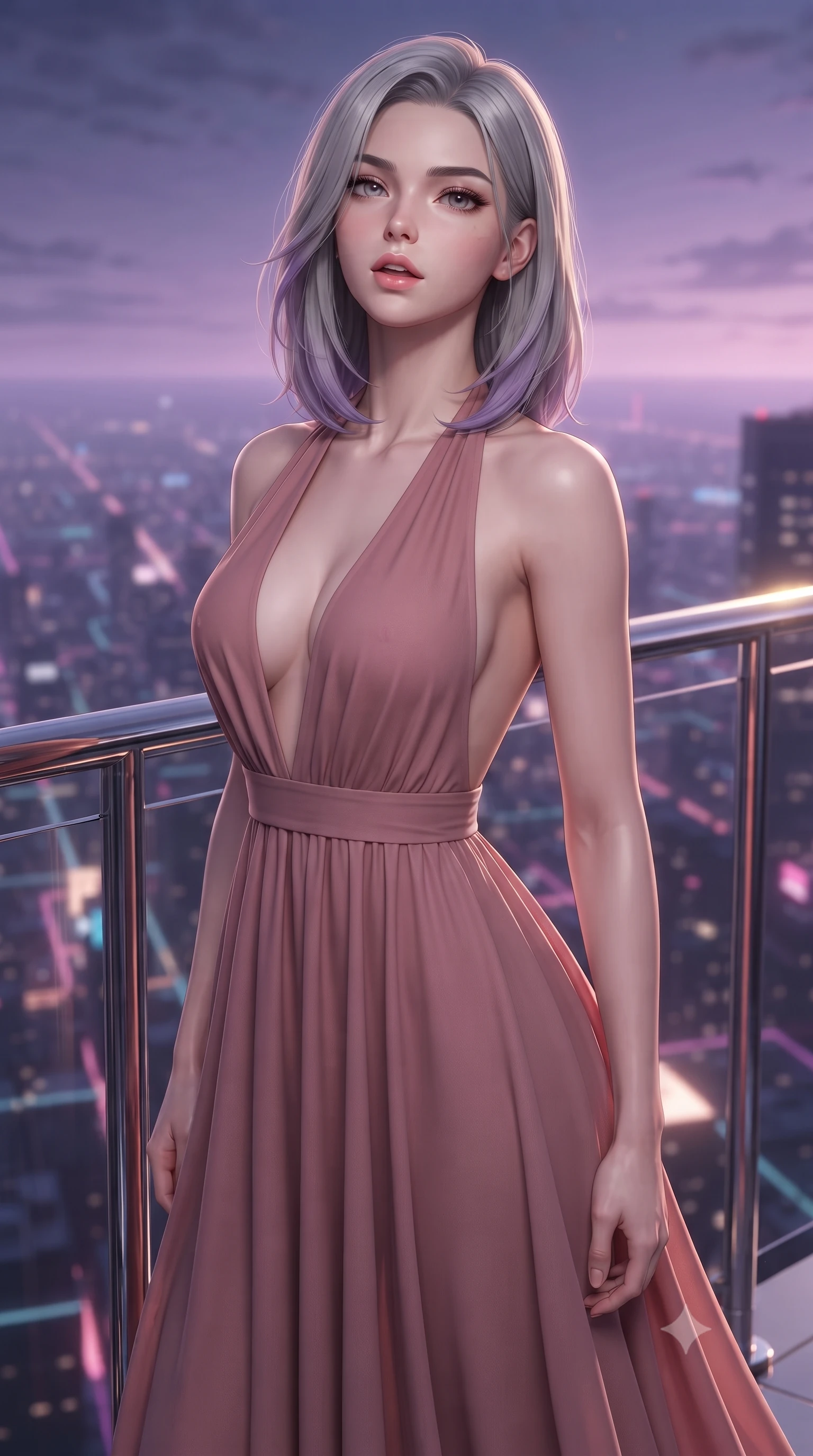 score_9, masterpiece, best quality, ultra-detailed, high-budget anime keyframe, editorial fashion photography, tasteful artistic composition, Caucasian woman. close-up cowboy shot from the waist and thighs up, the character dominates the composition, filling the frame with her large presence, background elements kept in soft focus. tilting her chin up slightly with lips parted in a composed, provocative expression the background shows a soft-focus a luxury cybernetic penthouse balcony overlooking a panoramic neon grid metropolis. She has an exceptionally elegant, slender, and willowy female figure with an ultra-slim waist, a gracefully sculpted slender torso, and a refined silhouette. sharp v-shaped jawline, high-bridge nose, intricate jewel-like eyes with depth, thick eyelashes, glossy lips with a natural sheen. wearing a tailored deep plunging-V neck maxi dress in dusty rose chiffon with a bold halter neck and low-cut back. soft purple twilight key light with sharp gold specular highlights on polished chrome railing. ultra-reflective glossy finish, specular highlights, metallic sheen, high-contrast stereoscopic depth, volumetric dynamic lighting, 2k, ultra detail, master piece, 9:16 ratio