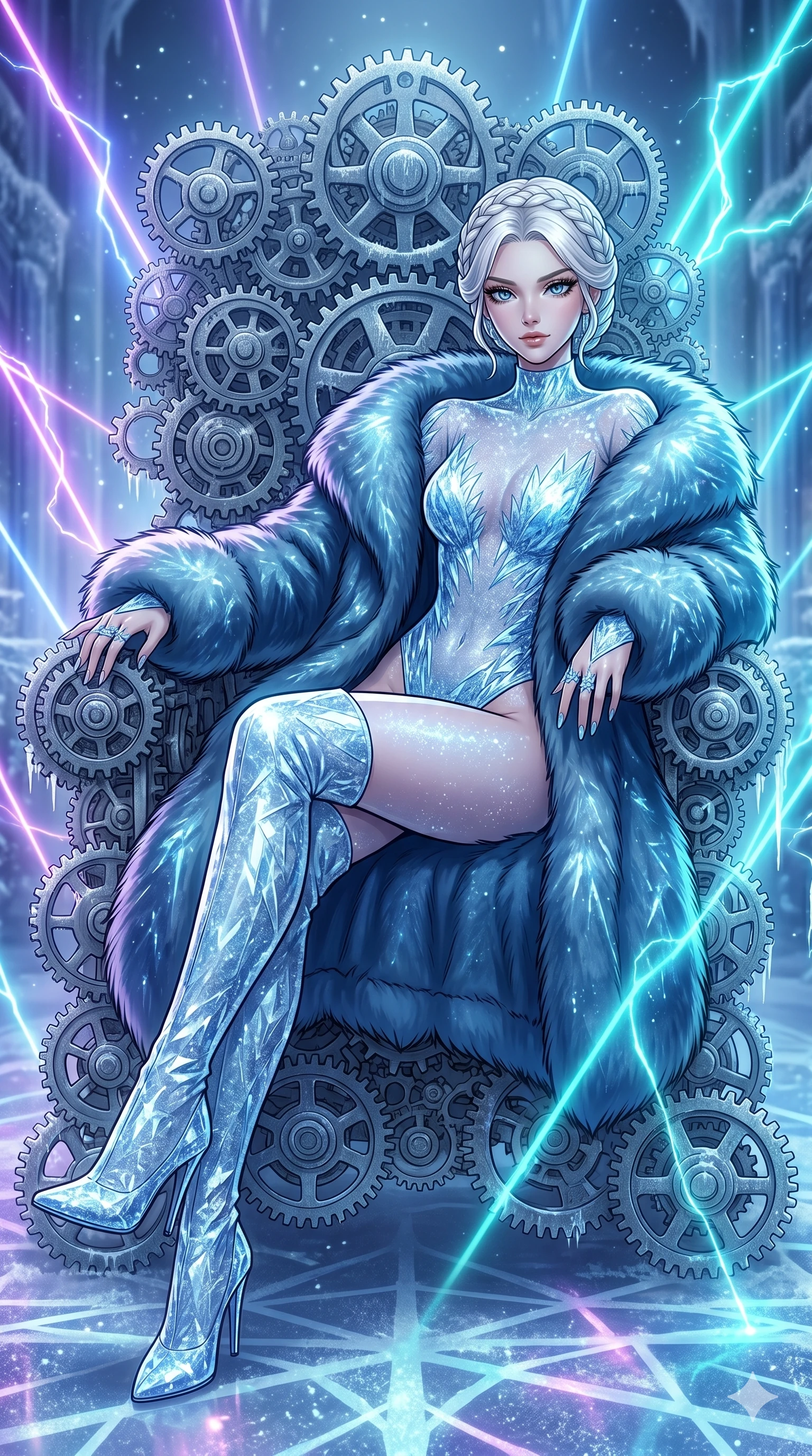 score_9, masterpiece, best quality, ultra-detailed, high-budget anime movie keyframe, cinematic anime lighting, intricate line art, Japanese woman. Upper body filling screen focusing on her alluring features and slim-fit silhouette. resting on a throne of gears in a frozen starlight ballroom with lightning lasers. She has an absolutely perfect 8-heads proportion, an exceptionally tall and slender female figure with an ultra-slim waist and impossibly long slender legs. sharp v-shaped jawline, high-bridge nose, intricate jewel-like eyes, thick eyelashes, glossy lips. Wearing seasonal winter-couture featuring a plush oversized faux-fur coat worn over a skin-tight crystalline leotard and thigh-high stiletto boots. The scene is illuminated by dramatic atmospheric lighting and vibrant color palettes. , 2k, ultra detail, master piece, 9:16 ratio