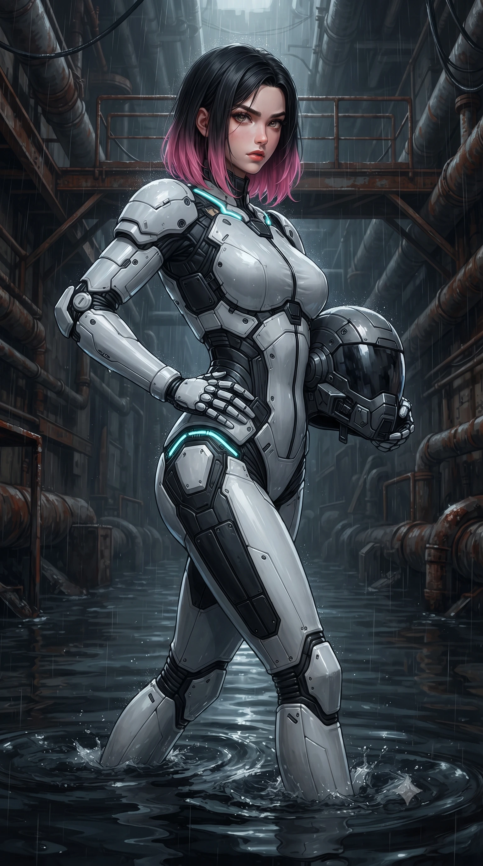 score_9, masterpiece, best quality, ultra-detailed, high-budget anime keyframe, editorial fashion photography, tasteful artistic composition, Korean woman. close-up cowboy shot from the waist and thighs up, the character dominates the composition, filling the frame with her large presence. resting one armored hand on her hip while glancing over her shoulder with thick eyelashes and an indomitable, smoldering combat gaze while striding through knee-deep dark water with unwavering momentum, her long slender legs and athletic torso cutting through the tide. The surrounding environment is rendered in vivid detail and crisp panoramic clarity. deep subterranean chiaroscuro and raw industrial conduit engineering rendered with precision. She has an exceptionally elegant, slender, and willowy female figure with an ultra-slim waist, a gracefully sculpted slender torso, toned flat midriff, and a refined slim silhouette. sharp v-shaped jawline, high-bridge nose, intricate jewel-like eyes with depth, thick eyelashes, glossy lips with a natural sheen, fierce and resolute heroine expression, flawlessly proportioned anatomical accuracy, strict slender model proportions, natural body alignment, perfectly sculpted long slender limbs, ultra-slim waistline, clean dynamic posture without body distortion. holding a modular carbon battle-helmet under one arm, her flawless face and sculpted neck exposed to the rain with determined warrior focus, paired with a statuesque high-fashion cyber-warrior armor suit with platinum bevels, heavy articulated shoulder guards, and an ultra-slim waist-cinching corset in monochrome white enamel carbon with high-contrast black tactical panels, made of lightweight aerodynamic carbon-titanium alloy with precision-beveled armor seams, accented with glowing fiber-optic telemetry conduits tracing her collarbones and hip curves, the sleek second-skin cut tightly hugging her graceful clavicle, narrow waist, and feminine curves with athletic precision. surrounded by an agile, lethal, and breathtakingly athletic aquatic infiltration operative aura. ultra-reflective glossy finish, specular highlights, dark metallic sheen, high-contrast stereoscopic depth, volumetric dynamic lighting, 2k, ultra detail, master piece, 9:16 ratio