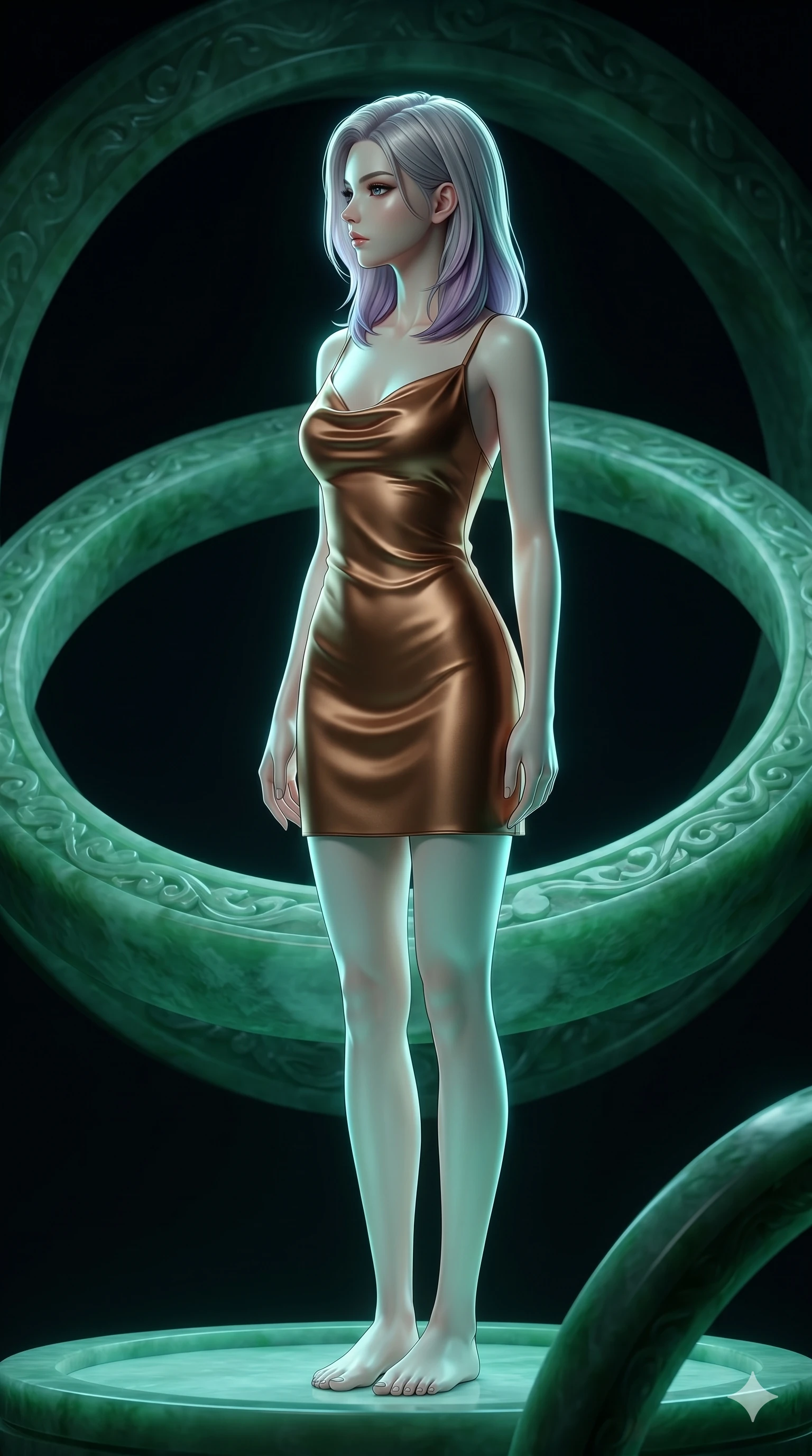 score_9, masterpiece, best quality, ultra-detailed, high-budget anime keyframe, editorial fashion photography, tasteful artistic composition, Caucasian woman, strictly human ears. cowboy shot from the thighs up, character and outfit filling the frame for maximum editorial presence. Turning her face in sharp dramatic profile against the light on a circular platform surrounded by giant rotating rings of carved jade. She has an absolutely perfect 8-heads proportion, an exceptionally tall and slender female figure with impossibly long slender legs and an ultra-slim waist. V-shaped jawline, high-bridge nose, intricate jewel-like eyes with depth, thick eyelashes, glossy lips with a natural sheen. wearing a bias-cut slip dress in liquid bronze satin with a cowl neckline, thin spaghetti straps, and a form-contouring fit ending at mid-thigh. illuminated by soft aqua bioluminescent light that makes her skin luminously glow against the dark. 2k, ultra detail, master piece, 9:16 ratio