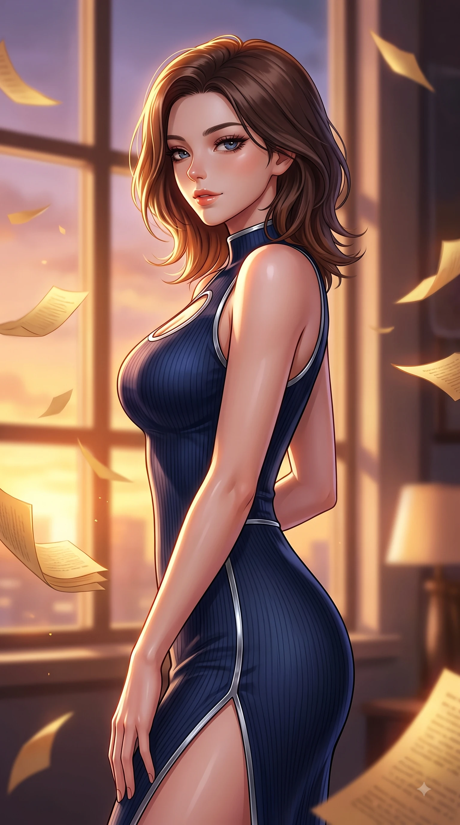 score_9, masterpiece, best quality, ultra-detailed, high-budget anime keyframe, editorial fashion photography, tasteful artistic composition, Korean woman. close-up cowboy shot from the waist and thighs up, the character dominates the composition, filling the frame with her large presence, background elements kept in soft focus. Casting a seductive sidelong gaze over her bare shoulder with heavy lashes and a composed half-smile while pivoting in a dynamic profile pose as twilight amber light streams through the massive window, golden paper pages fluttering gently around her in a magical twilight breeze. She has an exceptionally elegant, slender, and willowy female figure with an ultra-slim waist, a gracefully sculpted slender torso, and a refined silhouette. sharp v-shaped jawline, high-bridge nose, intricate jewel-like eyes with depth, thick eyelashes, glossy lips with a natural sheen, flawlessly proportioned anatomical accuracy, natural body alignment, perfectly sculpted elegant limbs, clean dynamic posture without body distortion. wearing a form-fitting ribbed activewear set with elegant collar cutouts in midnight navy blue and chrome trim, formed from sleek second-skin neoprene, finished with a sleek side slit ascending to mid-thigh, the tailored fabric tightly following every curve of her athletic build. surrounded by warm hearth light and dramatic bronze rim highlights. highly saturated vibrant anime colors, detailed shading with soft gradients, rich glossy textures, high-contrast stereoscopic depth, volumetric dynamic lighting, master piece, 9:16 ratio