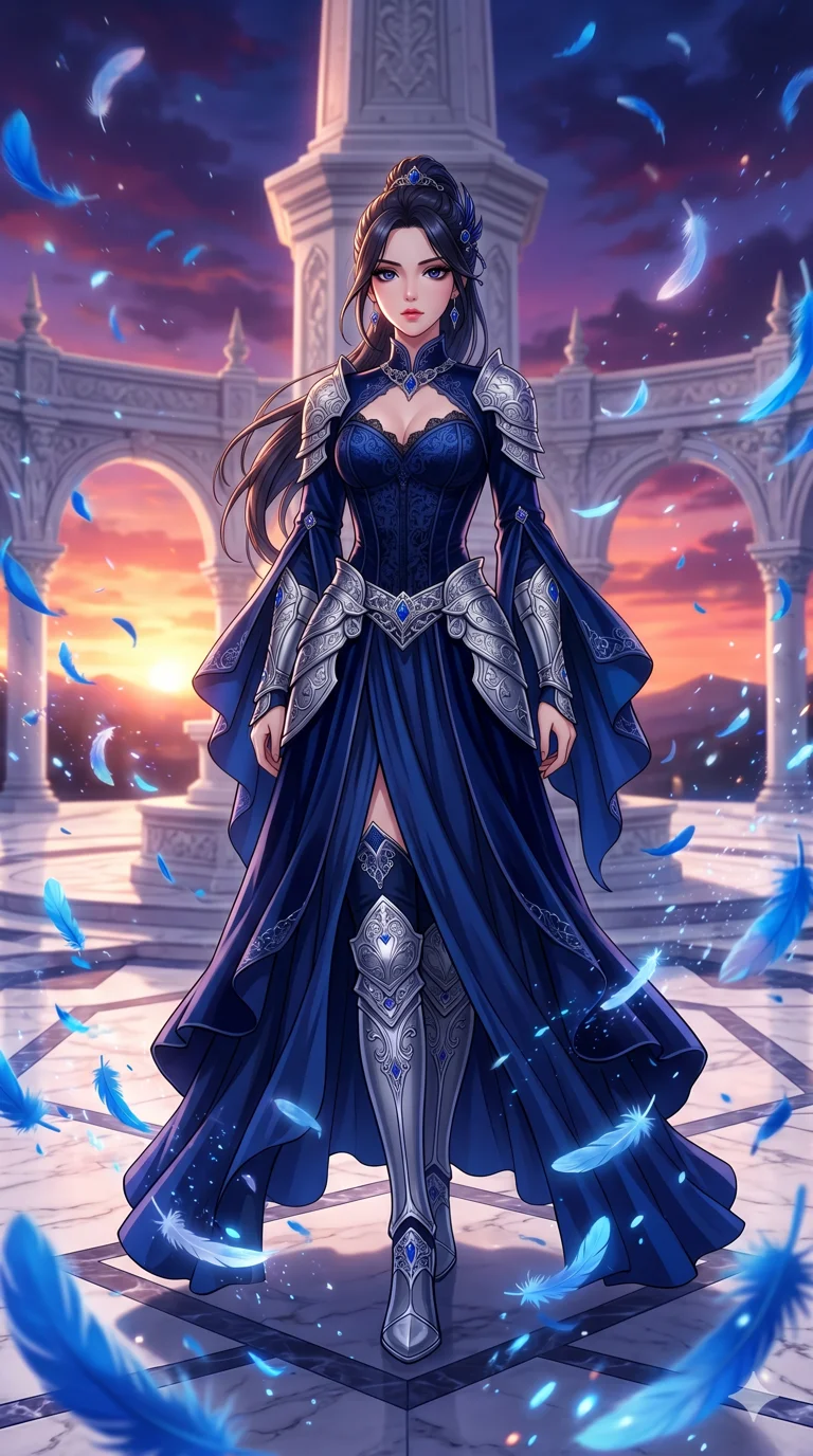 score_9, masterpiece, best quality, ultra-detailed, High-budget Anime Keyframe, beautiful Korean anime girl. Low angle cowboy shot filling the entire 9:16 frame with her overwhelming presence. Standing in a blizzard of blue feathers in a white marble courtyard at dusk. She has an absolutely perfect 8-heads proportion, an exceptionally tall and slender female figure with impossibly long slender legs and an ultra-slim waist. Sharp v-shaped jawline, high-bridge nose, intricate jewel-like eyes with depth, thick eyelashes, glossy lips with a natural sheen. Wearing a Dark Fantasy outfit: midnight blue gothic lace corset gown, bell-sleeved sorceress robes, engraved silver plate armor over silk. Background is a bright and colorful environment with cinematic lighting, dynamic particle effects, and high-contrast shadows. 2k, ultra detail, master piece, 9:16 ratio
