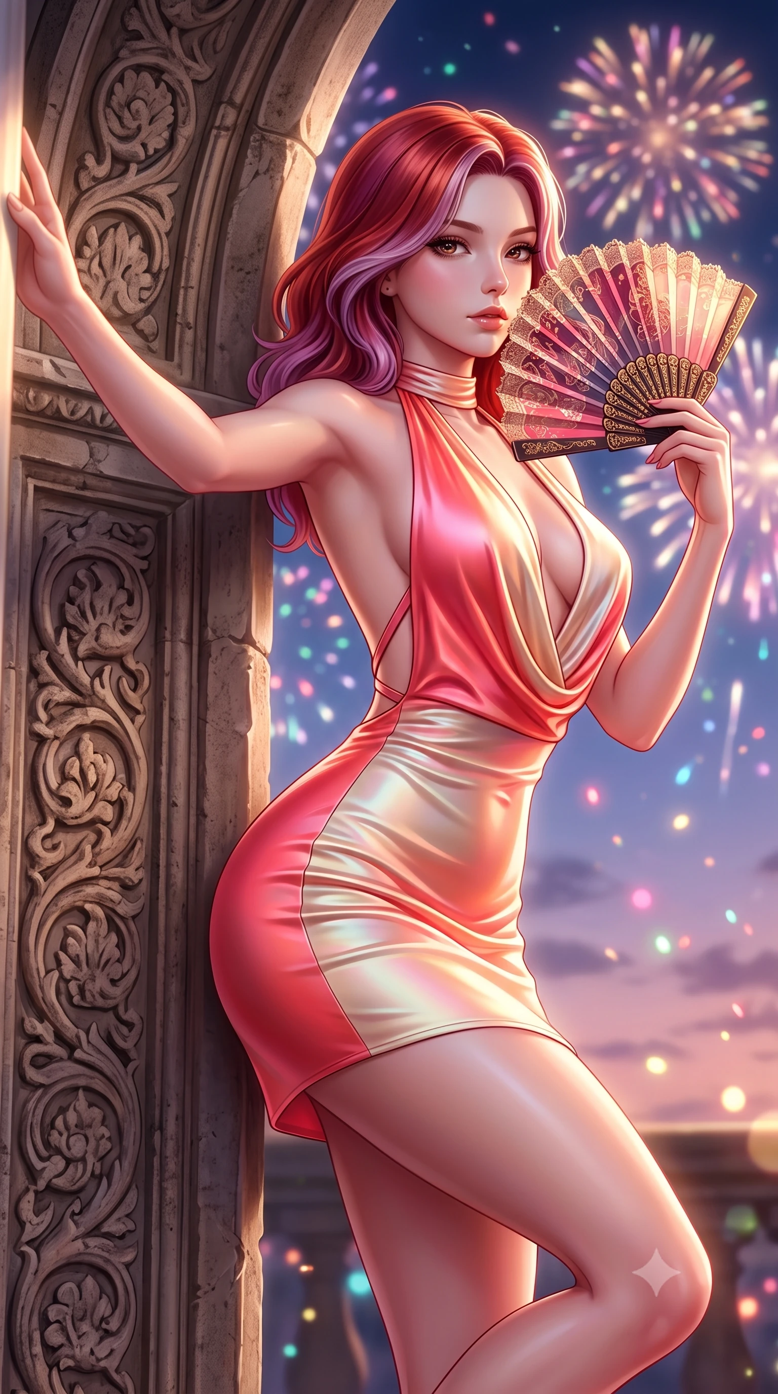 score_9, masterpiece, best quality, ultra-detailed, high-budget anime keyframe, semi-realistic 3D game render, editorial fashion photography, tasteful artistic composition, Caucasian woman. close-up cowboy shot from the waist and thighs up, the character dominates the composition, filling the frame with her large presence. extending one arm gracefully toward the light while her torso arches in a sleek, alluring curve with magnetic intensity while leaning against a carved stone palazzo arch with an alluring, bedroom-eyed glance over an ornate carnival fan. The composition keeps background elements in soft focus with creamy bokeh. glowing carnival fireworks scattering colorful light motes across a romantic evening sky. She has an exceptionally elegant, slender, and willowy female figure with an ultra-slim waist, a gracefully sculpted slender torso, toned flat midriff, and a refined slim silhouette. sharp v-shaped jawline, high-bridge nose, intricate jewel-like eyes with depth, thick eyelashes, glossy lips with a natural sheen, flawlessly proportioned anatomical accuracy, strict slender model proportions, natural body alignment, perfectly sculpted long slender limbs, ultra-slim waistline, clean dynamic posture without body distortion. wearing a form-contouring liquid satin halter-neck mini dress with a deep crossover cowl front, open back, and ultra-slender waist drape in radiant coral pink and champagne ivory, made of smooth iridescent silk chiffon that shifts colors with movement, complemented by criss-cross back straps highlighting her completely bare spine, the glove-like aerodynamic second-skin fit tightly clinging to her ultra-slender waist and athletic curves without adding bulk, accentuating her razor-sharp statuesque lines and slim hourglass silhouette. illuminated by dramatic firework rim lights sharply defining her ultra-slim waist and long legs. highly saturated vibrant anime colors, detailed shading with soft gradients, rich glossy textures, high-contrast stereoscopic depth, volumetric dynamic lighting, master piece, 9:16 ratio