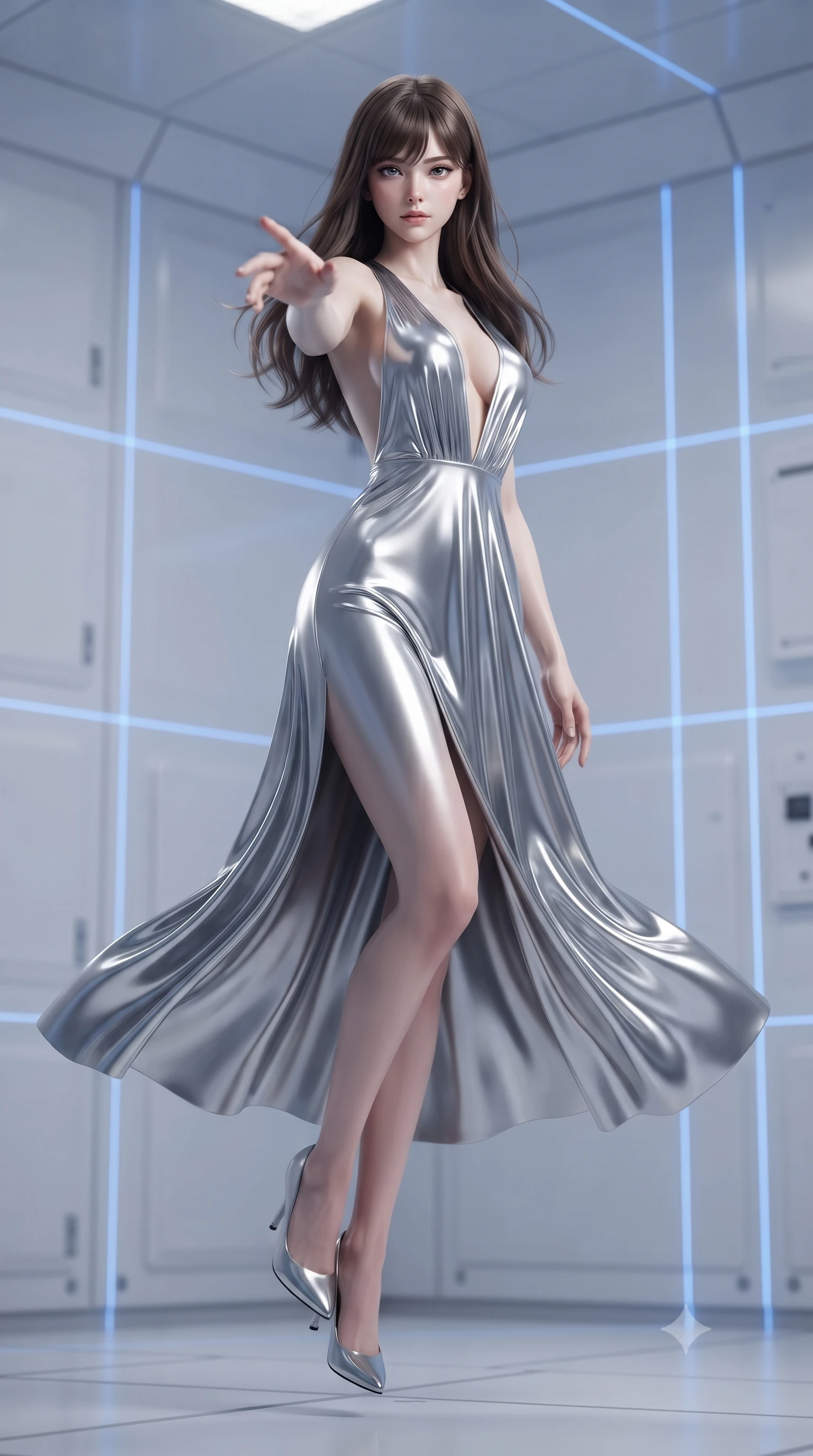 score_9, masterpiece, best quality, ultra-detailed, high-budget anime keyframe, editorial fashion photography, tasteful artistic composition, Korean woman woman. low angle full-body shot from head to toe showing her feet, filling the entire 9:16 vertical frame with her statuesque presence, stretching her vertical silhouette. She has an absolutely perfect, statuesque 8.5-heads proportion, an exceptionally tall and slender model-like female figure with impossibly long slender legs and an ultra-slim waist. floating dynamically in zero-gravity with flawless poise, reaching her hand forward gracefully, flawlessly proportioned anatomical accuracy, natural body alignment, perfectly sculpted elegant limbs, clean dynamic posture without body distortion. set against a soft-focus background of a high-tech cleanroom with white composite walls and laser grids. wearing a deep plunging V-neck maxi dress in liquid silver jersey with a daring open-back. bathed in crisp high-key white ambient light with focused blue laser gridlines. ultra-reflective glossy finish, specular highlights, metallic sheen, high-contrast stereoscopic depth, volumetric dynamic lighting, 2k, ultra detail, master piece, 9:16 ratio
