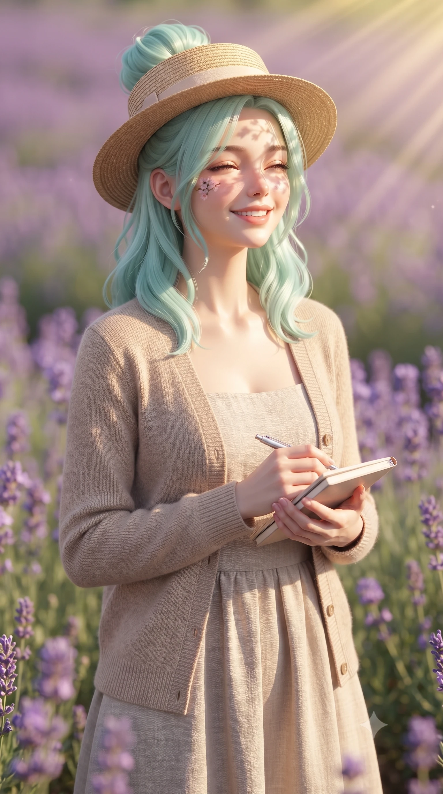 score_9, masterpiece, best quality, ultra-detailed, high-budget anime keyframe, editorial fashion photography, tasteful artistic composition, Japanese woman. close-up cowboy shot from the waist and thighs up, the character dominates the composition, filling the frame with her large presence, background elements kept in soft focus. smiling happily with closed eyes, enjoying the warm sunbeams on her face set against a soft-focus background of surrounded by a beautiful purple meadow of blooming wild lavender with a cute straw hat and a small notebook in her hand. She has an exceptionally elegant, slender, and willowy female figure with an ultra-slim waist, a gracefully sculpted slender torso, and a refined silhouette. sharp v-shaped jawline, high-bridge nose, intricate jewel-like eyes with depth, thick eyelashes, glossy lips with a natural sheen. wearing slim-fit cozy knit cardigan in beige, layered over a casual linen dress. dappled sunlight filtering through the cherry blossom branches onto her face. ultra-reflective glossy finish, specular highlights, metallic sheen, high-contrast stereoscopic depth, volumetric dynamic lighting, 2k, ultra detail, master piece, 9:16 ratio