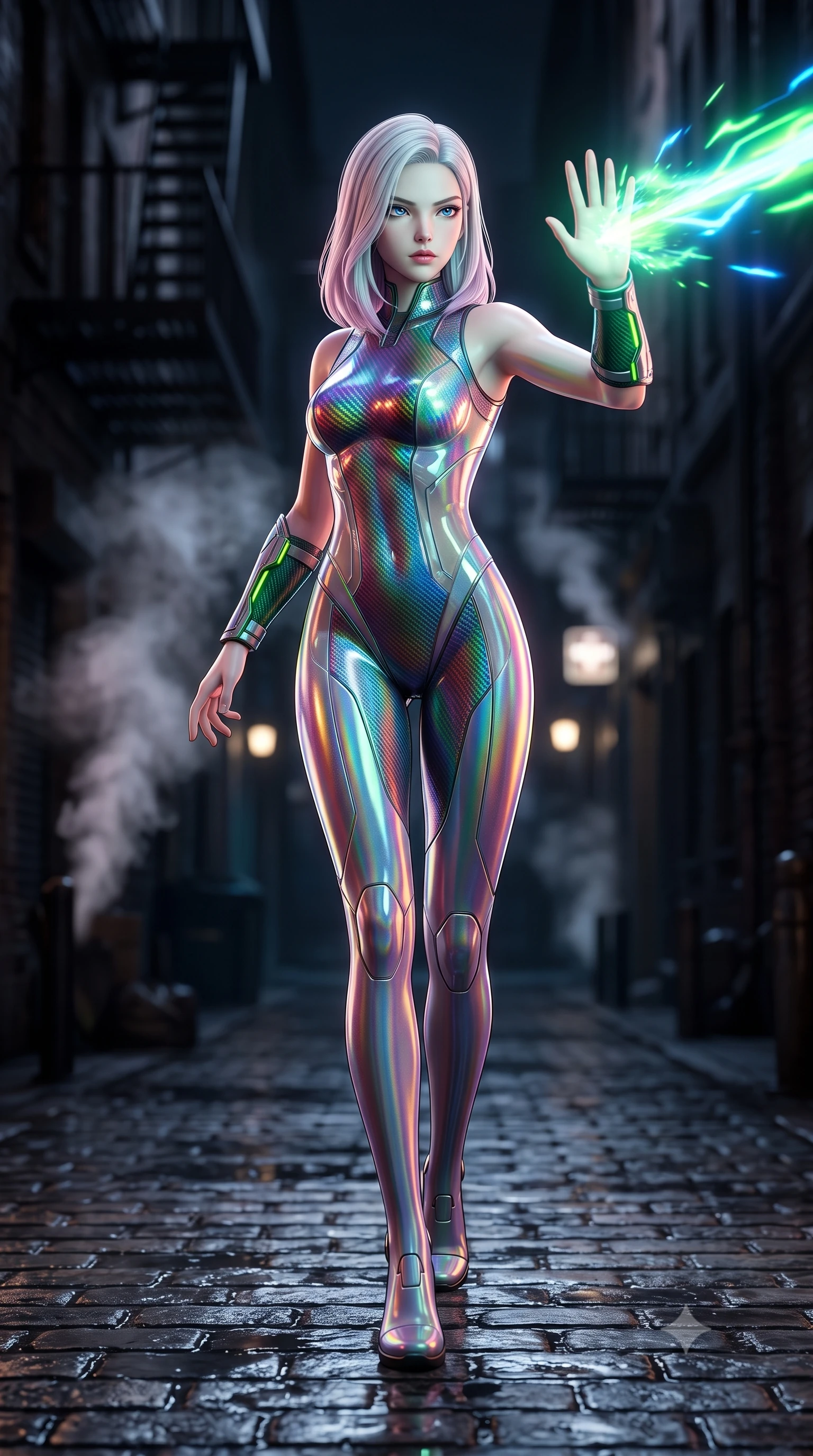 score_9, masterpiece, best quality, ultra-detailed, high-budget anime keyframe, semi-realistic 3D game render, editorial fashion photography, tasteful artistic composition, Caucasian woman. low angle full-body shot from head to toe showing her feet, filling the entire 9:16 vertical frame with her statuesque presence, stretching her vertical silhouette. striding forward with sovereign warrior elegance in a low, predatory combat advance, hips swaying with fierce athletic poise from head to toe while pivoting dynamically on wet cobblestones as her defensive palm parry disperses an incoming neon energy blast. The composition keeps background elements in soft focus with creamy bokeh. dark alleyway fire escapes and rising steam plumes softened in moody shallow focus. She has an absolutely perfect, statuesque 8.5-heads proportion, an exceptionally tall and slender model-like female figure with impossibly long slender legs, a toned flat midriff, and an ultra-slim waist. sharp v-shaped jawline, high-bridge nose, intricate jewel-like eyes with depth, thick eyelashes, glossy lips with a natural sheen, flawlessly proportioned anatomical accuracy, strict slender model proportions, natural body alignment, perfectly sculpted long slender limbs, ultra-slim waistline, clean dynamic posture without body distortion. wearing a high-gloss iridescent rainbow carbon-weave bodysuit with translucent cybernetic panels and Damascus-steel forearm bracers in emerald green carbon composite with glowing lime laser channels, tailored from flexible second-skin carbon-mesh that clings flawlessly to her athletic curves, finished with high-mobility flexible limb seams and miniature magnetic armor locks, the form-contouring material adhering flawlessly to her sculpted flat midriff and slender torso, emphasizing her long leg lines and perfectly proportioned willowy build. illuminated by wet reflective highlights tracing her sculpted flat midriff, waist, and long legs. rich saturated anime colors with glowing neon highlights, detailed shading with soft gradients, rich glossy textures, high-contrast stereoscopic depth, volumetric dynamic lighting, master piece, 9:16 ratio