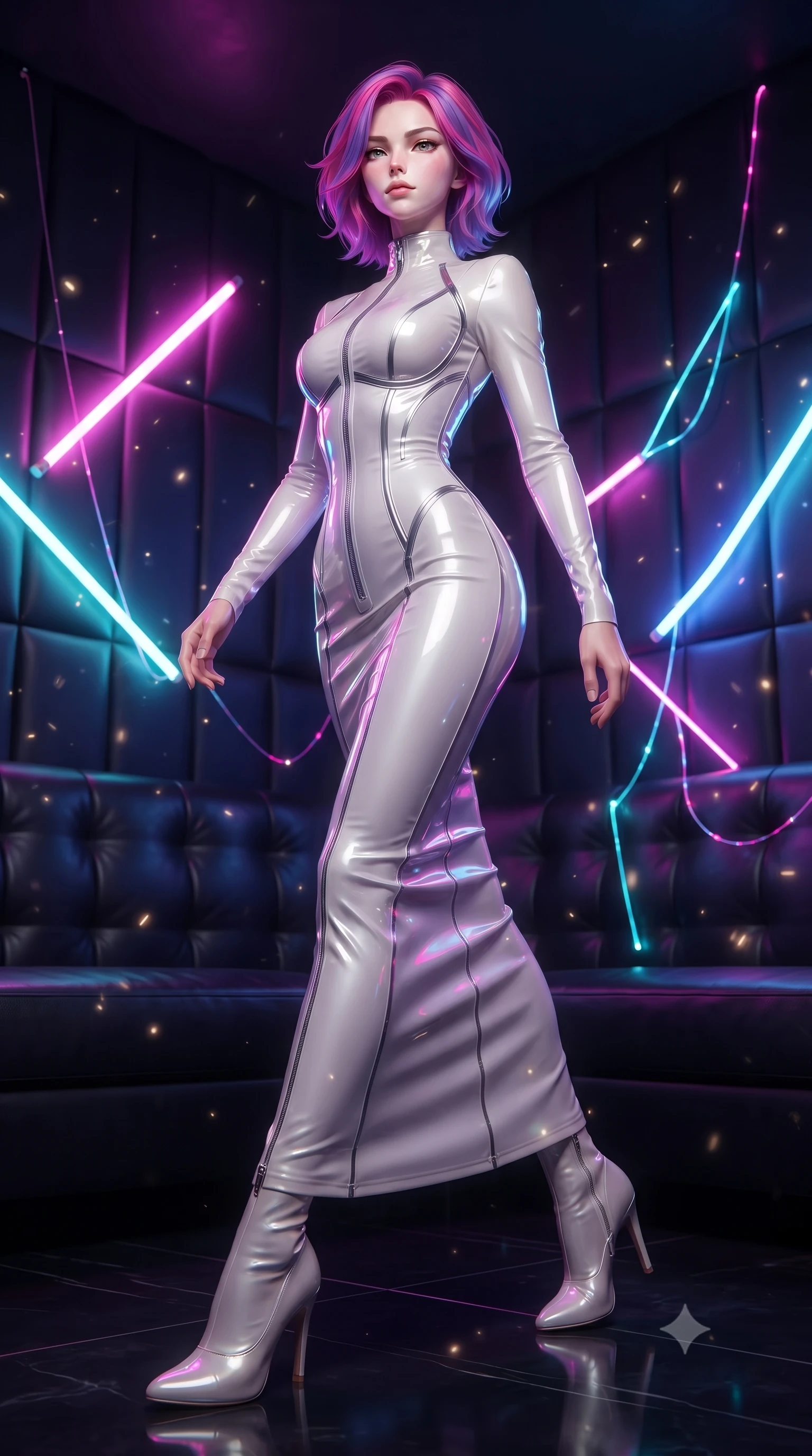 score_9, masterpiece, best quality, ultra-detailed, high-budget anime keyframe, editorial fashion photography, tasteful artistic composition, Caucasian woman. low angle full-body shot from head to toe showing her feet, filling the entire 9:16 vertical frame with her statuesque presence, stretching her vertical silhouette. interacting with glowing light particles, her long slender legs poised in motion, navigating a dark leather-walled VIP room filled with floating neon light tubes, high-contrast gloss and matte textures glinting under specular neon lights. She has an absolutely perfect, statuesque 8.5-heads proportion, an exceptionally tall and slender model-like female figure with impossibly long slender legs and an ultra-slim waist. sharp v-shaped jawline, high-bridge nose, intricate jewel-like eyes with depth, thick eyelashes, glossy lips with a natural sheen. wearing precision-fitted bodycon dress in high-gloss liquid vinyl in pearl white, made of high-gloss liquid vinyl, finished with metallic silver boning and sleek zipper points, following her slender form with tailored precision. illuminated by vibrant magenta and cyan neon rim light against pitch-black leather. ultra-reflective glossy finish, specular highlights, metallic sheen, high-contrast stereoscopic depth, volumetric dynamic lighting, 2k, ultra detail, master piece, 9:16 ratio