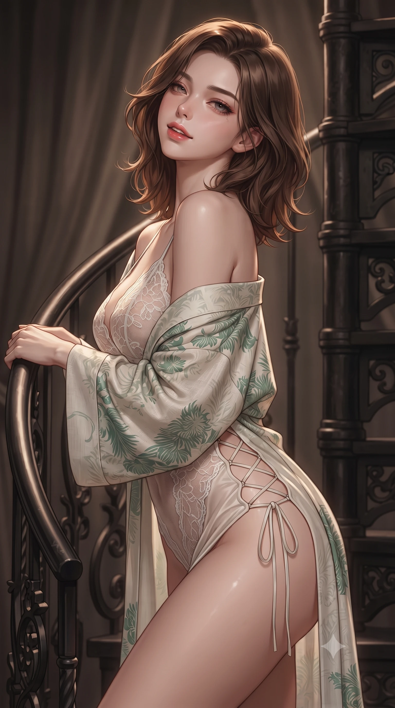 score_9, masterpiece, best quality, ultra-detailed, high-budget anime keyframe, editorial fashion photography, tasteful artistic composition, Korean woman. close-up cowboy shot from the waist and thighs up, the character dominates the composition, filling the frame with her large presence. leaning back against the balustrade with relaxed seductive grace, head tilted back slightly while casting a hypnotic, heavy-lidded gaze while leaning against the spiral iron library stairs with hips cocked back, looking over a bare shoulder with an irresistible bedroom-gaze. The background shows a soft-focus draped velvet alcove curtains softened in secluded island sanctuary shallow focus. She has an exceptionally elegant, slender, and willowy female figure with an ultra-slim waist, flat toned midriff, narrow ribcage, and sculpted feminine hips creating an alluring, slim hourglass silhouette without bulk. sharp v-shaped jawline, high-bridge nose, intricate jewel-like sparkling eyes with depth, thick eyelashes, glossy parted lips with a natural peach sheen, bright cheerful beaming smile with an enchanting and coquettish sensual glint, exuding both youthful cute charm and seductive allure, flawlessly proportioned anatomical accuracy, strict slender model proportions, natural body alignment, perfectly sculpted long slender limbs, ultra-slim waistline, clean dynamic posture without body distortion. wearing a delicate semi-sheer botanical lace teddy layered under an open lightweight linen kimono draped over bare shoulders in Namsan moonlit mist ivory and jade pine green, made of fluid liquid jersey with seamless sculpting hold and smooth contours, featuring fine criss-cross lace-up side ties revealing tantalizing glimpses of her hip curve, the liquid-tight tailored fabric clinging flawlessly to her narrow waist and rounded feminine hips, emphasizing every millimeter of her sculpted slim hourglass curves without any bulky heaviness. illuminated by dark wood reflection bounce and warm copper-gold rim lights defining her razor-sharp jawline, narrow waist, and curvy hips. ultra-reflective glossy finish, specular highlights, rich textural contrasts, high-contrast stereoscopic depth, volumetric dynamic lighting, 2k, ultra detail, master piece, 9:16 ratio
