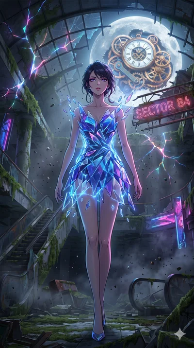 score_9, masterpiece, best quality, ultra-detailed, Set A: High-budget Anime Keyframe, Japanese woman. Low angle cowboy shot filling the entire 9:16 frame with her statuesque presence. Theme: Ethereal Dream. shattering the fabric of reality in a ruin