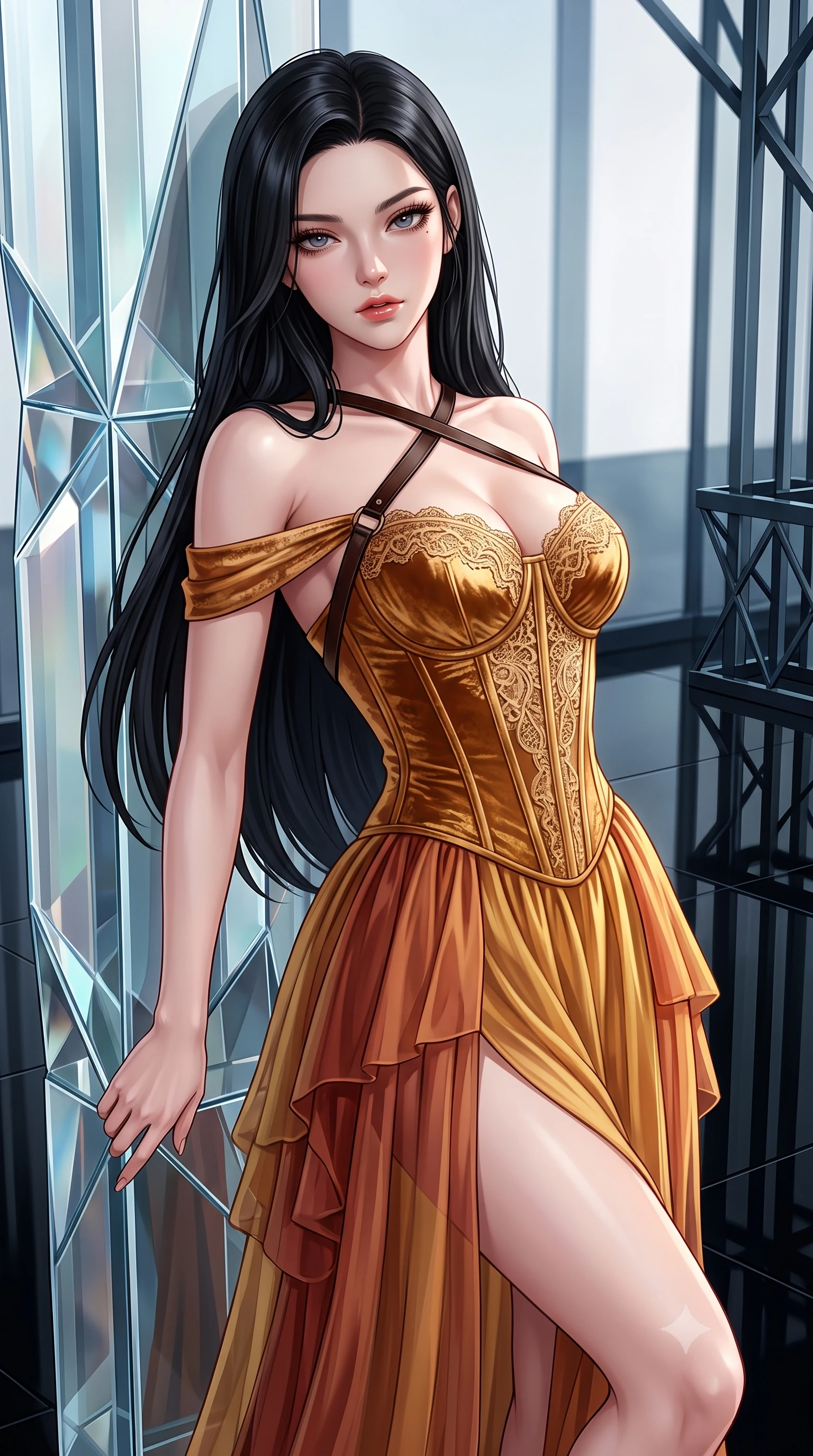 score_9, masterpiece, best quality, ultra-detailed, high-budget anime keyframe, semi-realistic 3D game render, editorial fashion photography, tasteful artistic composition, Korean woman. close-up cowboy shot from the waist and thighs up, the character dominates the composition, filling the frame with her large presence. leaning back with relaxed seductive grace, her sculpted collarbones and narrow waist highlighted as she casts smoldering bedroom-eyes directly into the camera while leaning against a multi-faceted crystalline glass pillar inspired by origami folds, arching her lower back with high-fashion sovereign poise. The surrounding environment is rendered in vivid detail and crisp panoramic clarity. sharp glass bevel joints, black resin floor mirror reflections, and architectural steel frame connections in deep focus. She has an exceptionally elegant, slender, and willowy female figure with an ultra-slim waist, flat toned midriff, narrow ribcage, and sculpted feminine hips creating an alluring, slim hourglass silhouette without bulk. sharp v-shaped jawline, high-bridge nose, intricate jewel-like eyes with depth, thick eyelashes, glossy parted lips with a natural sheen, intensely captivating and seductive bedroom-eyes expression, flawlessly proportioned anatomical accuracy, strict slender model proportions, natural body alignment, perfectly sculpted long slender limbs, ultra-slim waistline, clean dynamic posture without body distortion. wearing an off-shoulder French court corset bodice dress paired with a tiered translucent chiffon slit skirt in molten desert gold and burnt terracotta, crafted from heavyweight crushed silk velvet with liquid vintage luster, featuring an open-back criss-cross harness strap in dark leather, the glove-like aerodynamic silhouette tightly following the natural contour of her hips and long slender legs with statuesque 8.5-heads elegance. illuminated by crisp crystal facet specular glints sharply defining her sculpted collarbones, ultra-slim waist, and curvy hips. highly saturated vibrant anime colors, detailed shading with soft gradients, rich glossy textures, high-contrast stereoscopic depth, volumetric dynamic lighting, master piece, 9:16 ratio