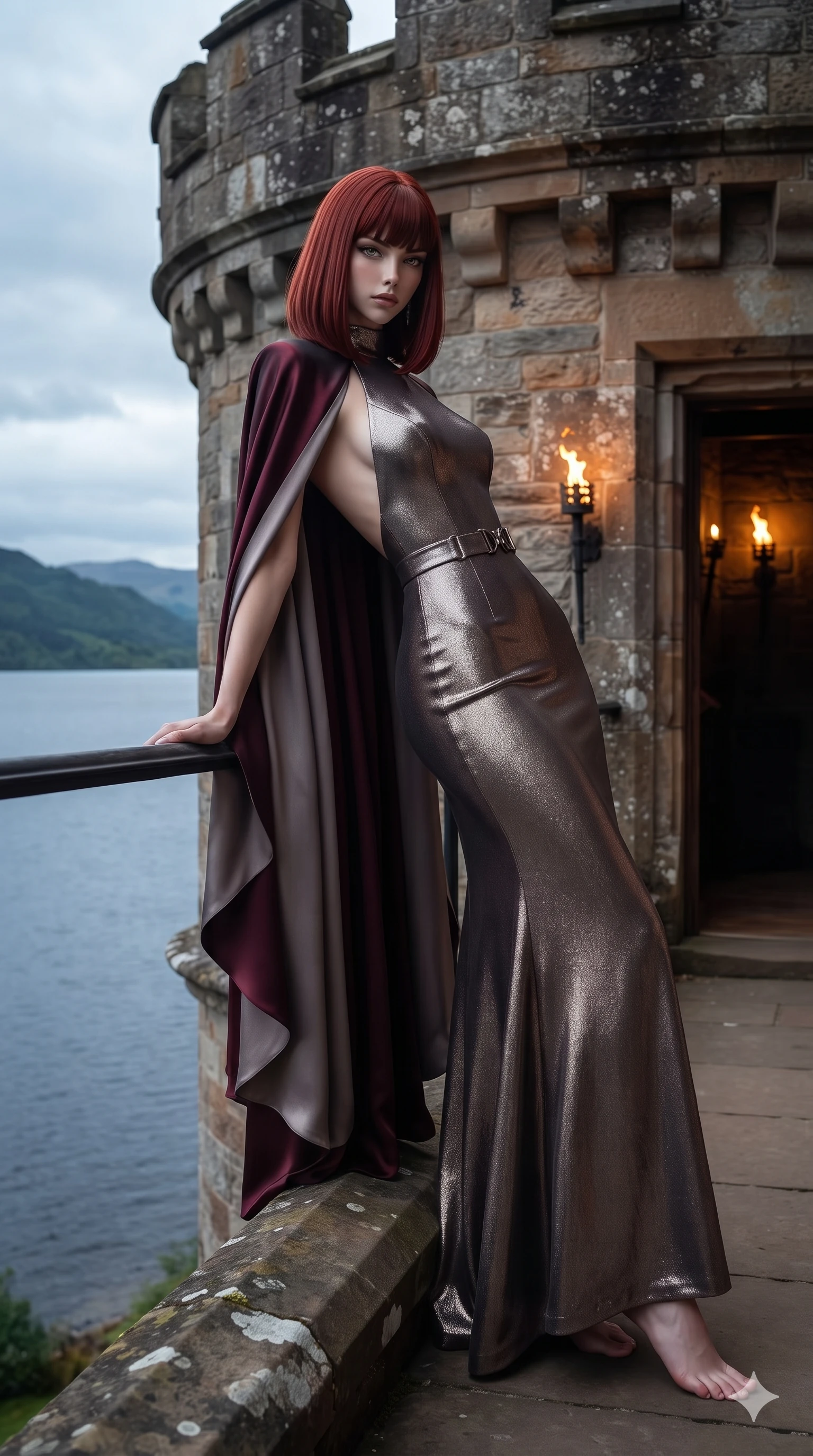 score_9, masterpiece, best quality, ultra-detailed, high-budget anime keyframe, editorial fashion photography, tasteful artistic composition, Caucasian woman. low angle full-body shot from head to toe showing her feet, filling the entire 9:16 vertical frame with her statuesque presence, stretching her vertical silhouette. leaning deep against the balcony balustrade with hips cocked back in an unapologetically alluring high-fashion stance, casting an intoxicating glance while standing perched on the narrow turret balcony edge with hips angled toward the camera, arching her back with high-fashion supermodel confidence above the loch. The surrounding environment is rendered in vivid detail and crisp panoramic clarity: detailed gown tailoring drape, metallic hardware accents, and historic Scottish stonework in high resolution. She has an exceptionally tall and slender model-like 8.5-heads proportion, an ultra-slim waist, a flat toned midriff, narrow delicate ribcage, and beautifully sculpted feminine hips creating a graceful, slim hourglass silhouette without any bulky heaviness, with impossibly long slender legs. sharp v-shaped jawline, high-bridge nose, intricate jewel-like eyes with depth, thick eyelashes, glossy parted lips with a natural sheen, intensely captivating and seductive bedroom-eyes expression, flawlessly proportioned anatomical accuracy, strict slender model proportions, natural body alignment, perfectly sculpted long slender limbs, ultra-slim waistline, clean dynamic posture without body distortion. wearing an elegant backless metallic lamé evening gown with a high jewel neckline and flowing silk capelet in deep wine burgundy and brushed dark platinum, crafted from bespoke double-faced cashmere with an exceptionally soft tactile finish, finished with sleek magnetic buckle closures fluttering in the breeze, the form-contouring silhouette accentuating her sculpted flat midriff, narrow delicate ribcage, and gracefully curvy hips with intoxicating allure. bathed in diffused cool 5500K highland daylight contrasted with warm golden accent highlights from castle interior torchères. ultra-reflective glossy finish, specular highlights, rich textural contrasts, high-contrast stereoscopic depth, volumetric dynamic lighting, 2k, ultra detail, master piece, 9:16 ratio