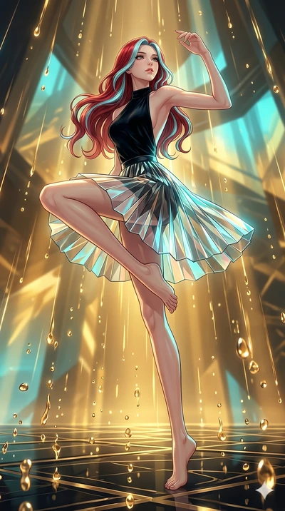 score_9, masterpiece, best quality, ultra-detailed, high-budget anime keyframe, Japanese woman. low angle full-body shot filling the entire 9:16 frame with her statuesque presence, stretching the vertical silhouette. dodging ethereal liquid gold rain