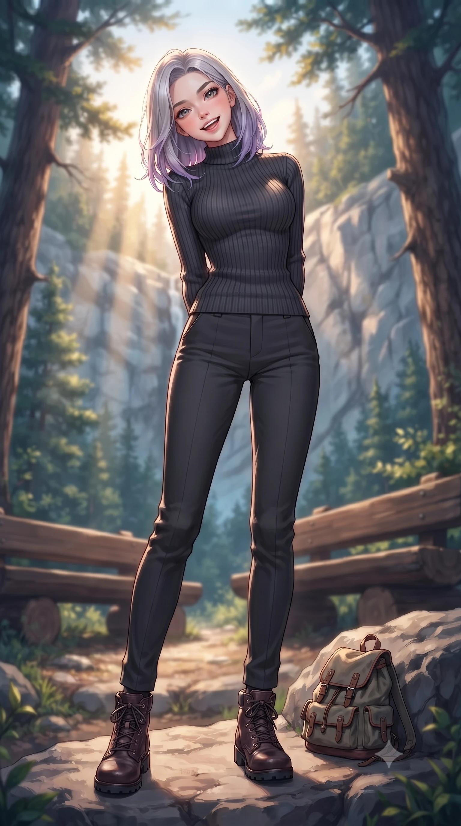 score_9, masterpiece, best quality, ultra-detailed, high-budget anime keyframe, editorial fashion photography, tasteful artistic composition, Caucasian woman. low angle full-body shot from head to toe showing her feet, filling the entire 9:16 vertical frame with her statuesque presence, stretching her vertical silhouette. standing with a cute, bright pose, tilting her head with a beaming smile set against a soft-focus background of at a rest area along a scenic valley hiking trail with wooden benches sitting on a clean rock with a small canvas backpack nearby. She has an absolutely perfect, statuesque 8.5-heads proportion, an exceptionally tall and slender model-like female figure with impossibly long slender legs and an ultra-slim waist. sharp v-shaped jawline, high-bridge nose, intricate jewel-like eyes with depth, thick eyelashes, glossy lips with a natural sheen. wearing body-hugging body-hugging ribbed knit sweater in charcoal, paired with slim-fit trousers. cool forest shadows contrasting with warm shafts of sunbeams. highly saturated vibrant anime colors, detailed shading with soft gradients, rich glossy textures, high-contrast stereoscopic depth, volumetric dynamic lighting, master piece, 9:16 ratio