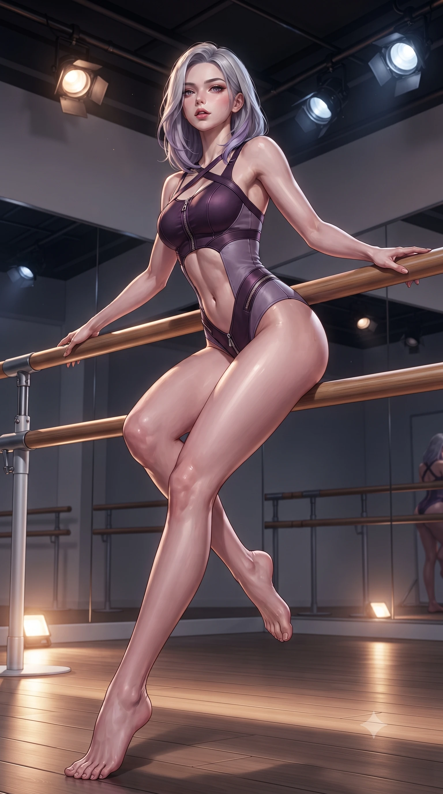 score_9, masterpiece, best quality, ultra-detailed, high-budget anime keyframe, editorial fashion photography, tasteful artistic composition, Caucasian woman. low angle full-body shot from head to toe showing her feet, filling the entire 9:16 vertical frame with her statuesque presence, stretching her vertical silhouette. sitting perched on the elevated ledge with hips angled toward the camera and legs crossed, displaying her toned midriff and flawlessly sculpted slender limbs while resting both hands on a polished wooden ballet barre while arching her lower back in a deep cambré stretch, highlighting her sculpted glutes and slender waist. The surrounding environment is rendered in vivid detail and crisp panoramic clarity. detailed muscle definition, fabric stretch tension lines, and studio spotlight fixtures in high clarity. She has an absolutely perfect, statuesque 8.5-heads proportion, an exceptionally tall and slender model-like female figure with impossibly long slender legs, a toned flat midriff, an ultra-slim waist, and beautifully sculpted feminine hips. sharp v-shaped jawline, high-bridge nose, intricate jewel-like eyes with depth, thick eyelashes, glossy parted lips with a natural sheen, intensely captivating and seductive bedroom-eyes expression, flawlessly proportioned anatomical accuracy, strict slender model proportions, natural body alignment, perfectly sculpted long slender limbs, ultra-slim waistline, clean dynamic posture without body distortion. wearing a modern athletic monokini leotard with criss-cross back harness straps and high-hip cut in deep plum violet and dusky lavender, made of seamless compression knit with anatomical body-contouring support, finished with metallic zipper detailing along the spine and hips, the glove-like aerodynamic silhouette tightly following the natural contour of her hips and long slender legs with statuesque precision. bathed in warm floor-level uplighting and dramatic overhead theatrical spotlights. ultra-reflective glossy finish, specular highlights, rich textural contrasts, high-contrast stereoscopic depth, volumetric dynamic lighting, 2k, ultra detail, master piece, 9:16 ratio