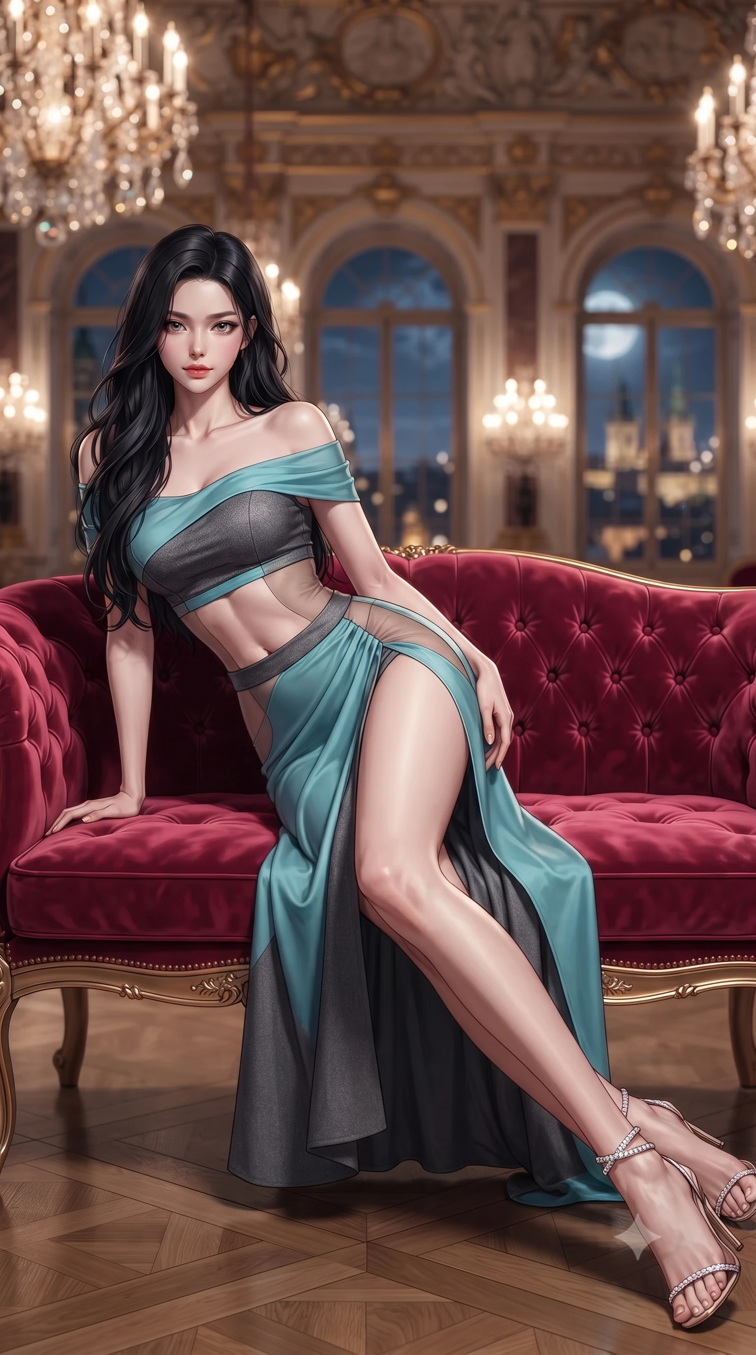 score_9, masterpiece, best quality, ultra-detailed, high-budget anime keyframe, editorial fashion photography, tasteful artistic composition, Korean woman. close-up cowboy shot from the waist and thighs up, the character dominates the composition, filling the frame with her large presence. leaning forward while arching her lower back to accentuate her curvy hips, looking into the camera with an intoxicating smoldering gaze and bedroom-eyes while lounging gracefully across the crimson velvet French settee propped on one elbow with legs extended, displaying her long slender limbs and statuesque hourglass silhouette with imperial poise. The background shows a soft-focus hundreds of sparkling Bohemian crystal chandelier prisms, gilded Habsburg allegorical ceiling reliefs, and moonlit Prague rooftops through tall arched windows blurred into champagne, ruby, and gold bokeh. She has an exceptionally elegant, slender, and willowy female figure with an ultra-slim waist, flat toned midriff, narrow ribcage, and sculpted feminine hips creating an alluring, slim hourglass silhouette without bulk. sharp v-shaped jawline, high-bridge nose, intricate jewel-like sparkling eyes with depth, thick eyelashes, glossy parted lips with a natural peach sheen, bright cheerful beaming smile with an enchanting and coquettish sensual glint, exuding both youthful cute charm and seductive allure, flawlessly proportioned anatomical accuracy, strict slender model proportions, natural body alignment, perfectly sculpted long slender limbs, ultra-slim waistline, clean dynamic posture without body distortion. wearing an alluring off-the-shoulder crop top with asymmetrical side-torso cutouts and a high-slit wrap skirt in Cape Town Atlantic aquamarine turquoise and raw granite charcoal, featuring strategic sheer-illusion tulle side panels framing her ribcage and hips, complemented by strappy stiletto sandals with crystal ankle wraps accentuating her slender calves, the impeccably tailored cut draping gracefully along her slender figure with aristocratic poise. illuminated by polished parquet reflection bounce and sharp champagne-gold rim lights sculpting her razor-sharp jawline, narrow waist, and curvy hips. ultra-reflective glossy finish, specular highlights, rich textural contrasts, high-contrast stereoscopic depth, volumetric dynamic lighting, 2k, ultra detail, master piece, 9:16 ratio