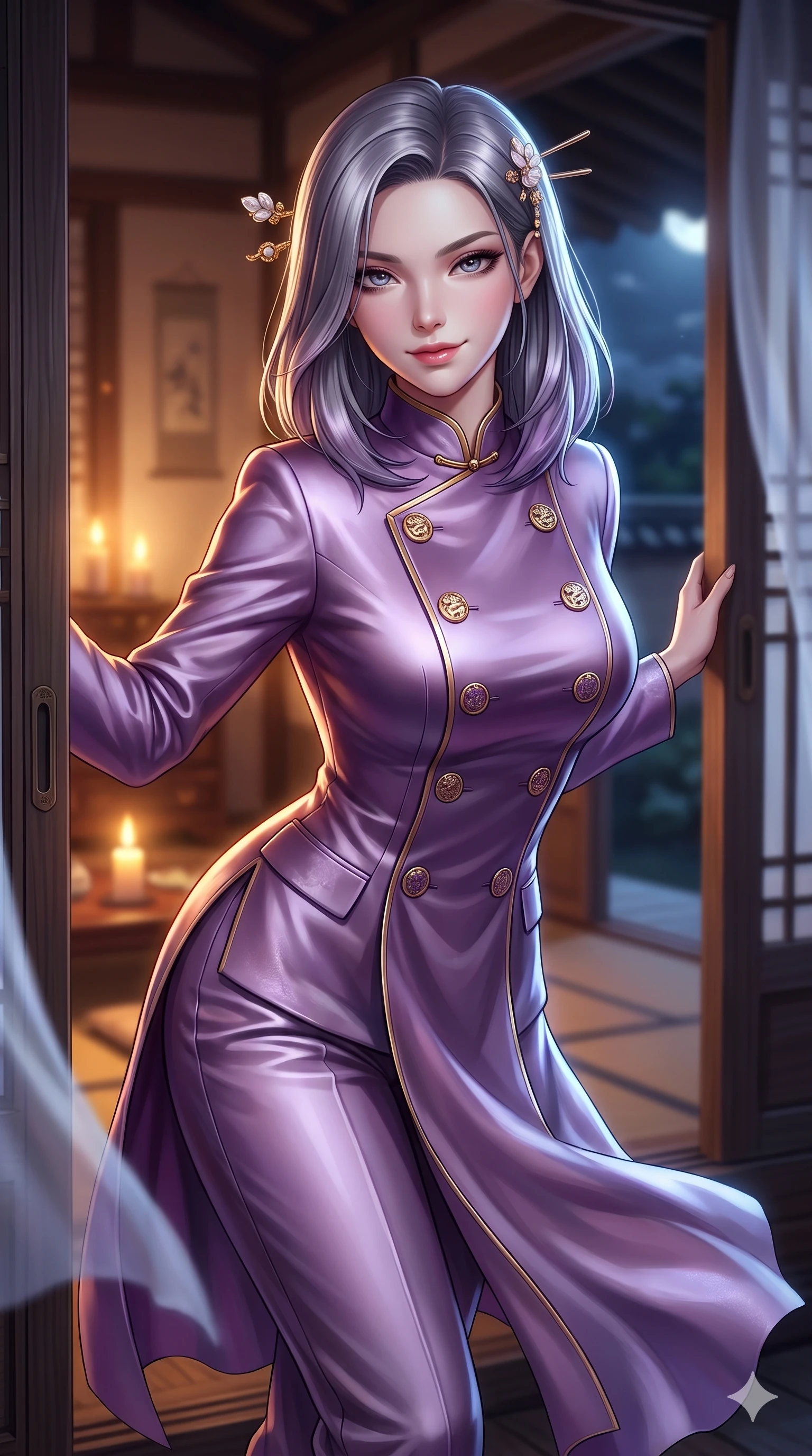 score_9, masterpiece, best quality, ultra-detailed, high-budget anime keyframe, semi-realistic 3D game render, editorial fashion photography, tasteful artistic composition, Caucasian woman. close-up cowboy shot from the waist and thighs up, the character dominates the composition, filling the frame with her large presence. leaning forward while arching her lower back to accentuate her curvy hips, looking into the camera with an intoxicating smoldering gaze and bedroom-eyes while standing poised in the doorway opening, night breezes billowing her sheer silk garments open around her long slender legs. The background shows a soft-focus intimate Korean veranda room softened in warm candlelight shallow focus. She has an exceptionally elegant, slender, and willowy female figure with an ultra-slim waist, flat toned midriff, narrow ribcage, and sculpted feminine hips creating an alluring, slim hourglass silhouette without bulk. sharp v-shaped jawline, high-bridge nose, sparkling eyes with hypnotic seductive depth, thick curled eyelashes, glossy parted lips with a natural dewy peach sheen, alluring bedroom-eyes with an enchanting coquettish smile, exuding magnetic siren charisma and sophisticated glamour, flawlessly proportioned anatomical accuracy, strict slender model proportions, natural body alignment, perfectly sculpted long slender limbs, ultra-slim waistline, clean dynamic posture without body distortion. wearing a tailored double-breasted silk brocade pantsuit with mandarin collar and mother-of-pearl dragon crest buttons in imperial gold and royal plum purple, tailored from smooth liquid silk satin with a natural dewy moonlight sheen, finished with delicate mother-of-pearl hairpin ornaments glinting in her dark glossy hair, the impeccably tailored cut draping gracefully along her slender figure with aristocratic eastern poise. bathed in warm golden candlelight glowing from within the interior room mixed with cool moonlight fill. highly saturated vibrant anime colors, detailed shading with soft gradients, rich glossy textures, high-contrast stereoscopic depth, volumetric dynamic lighting, master piece, 9:16 ratio