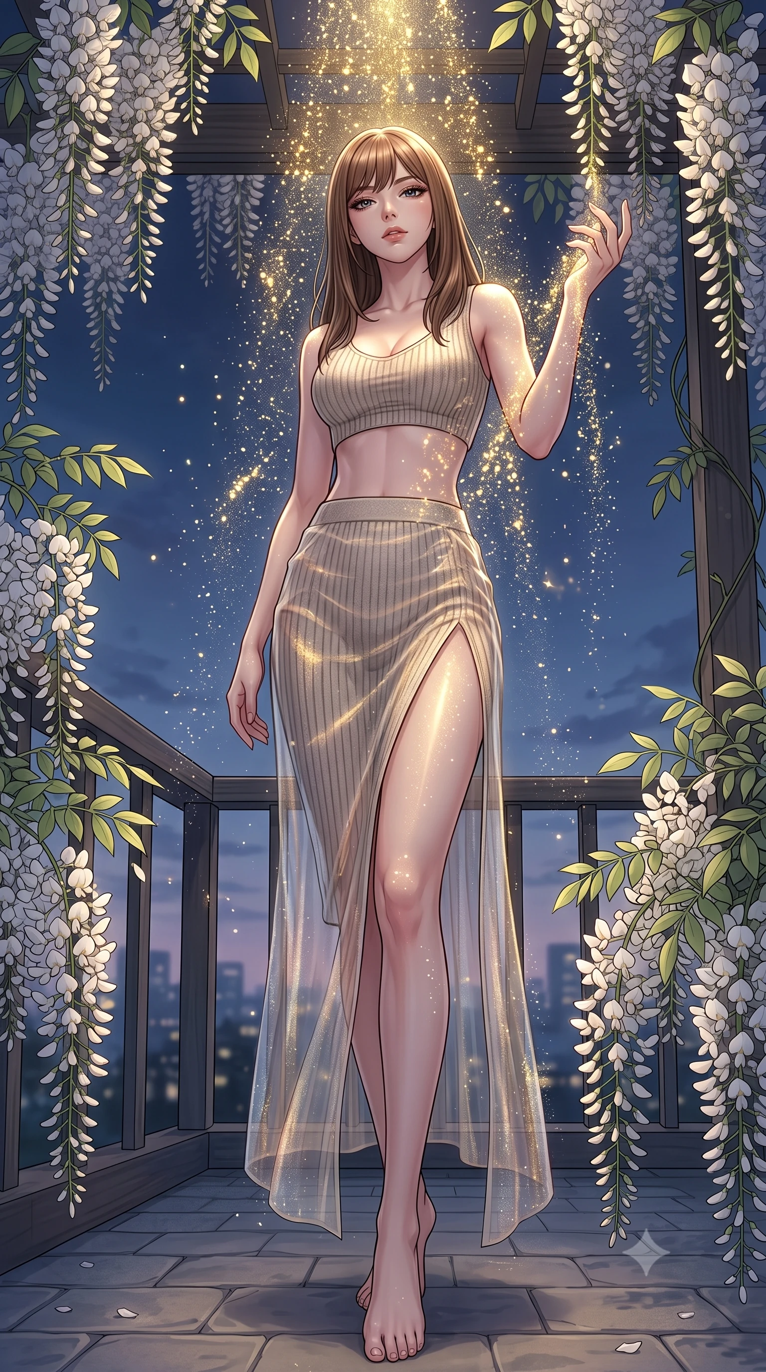score_9, masterpiece, best quality, ultra-detailed, High-budget Anime Keyframe, East Asian woman. Low angle cowboy shot filling the entire 9:16 frame with her statuesque presence. Scenario 336: showering under a cascade of glittering gold stardust inside a quiet balcony surrounded by trailing white wisteria flowers. Her presence is magnetic and overpowering in this high-budget anime scene. Outfit 336: a body-hugging ribbed bodycon knit second with a thigh-high slit and translucent layers. The clothing is designed to emphasize her exceptionally tall and slender 8-heads proportion. 8-heads proportion, towering silhouette, ultra-slim waist. sharp v-shaped jawline, intricate jewel-like eyes with depth, thick eyelashes, glossy lips. 2k, ultra detail, master piece, 9:16 ratio
