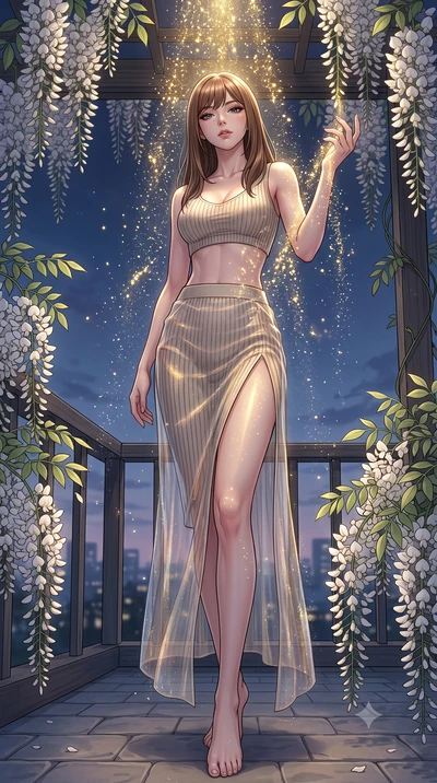 score_9, masterpiece, best quality, ultra-detailed, High-budget Anime Keyframe, East Asian woman. Low angle cowboy shot filling the entire 9:16 frame with her statuesque presence. Scenario 336: showering under a cascade of glittering gold stardust in