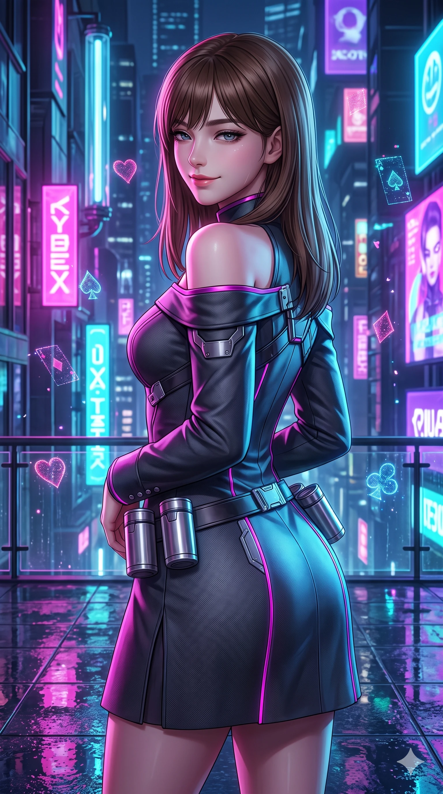 score_9, masterpiece, best quality, ultra-detailed, high-budget anime keyframe, semi-realistic 3D game render, editorial fashion photography, tasteful artistic composition, Korean woman. close-up cowboy shot from the waist and thighs up, the character dominates the composition, filling the frame with her large presence. posing in an alluring rear three-quarter angle, looking over a bare shoulder with heavy-lidded sparkling eyes, her hips cocked back to highlight her slim hourglass curve while twisting her slender torso in an alluring contrapposto, vibrant magenta and electric cyan billboard glows tracing her narrow waist and curvy hips. The surrounding environment is rendered in vivid detail and crisp panoramic clarity: sharp neon signage glass tube reflections, wet terrace glass floor reflections, and floating digital card suits in deep focus. She has an exceptionally elegant, slender, and willowy female figure with an ultra-slim waist, flat toned midriff, narrow ribcage, and sculpted feminine hips creating an alluring, slim hourglass silhouette without bulk. sharp v-shaped jawline, high-bridge nose, intricate jewel-like sparkling eyes with depth, thick eyelashes, glossy parted lips with a natural sheen, bright confident smile with an enchanting and coquettish sensual glint, exuding both youthful magnetic charm and sovereign high-tech allure, flawlessly proportioned anatomical accuracy, strict slender model proportions, natural body alignment, perfectly sculpted long slender limbs, ultra-slim waistline, clean dynamic posture without body distortion. wearing a prestigious diplomatic high-neck sci-fi senate coat dress in structured nano-wool with polished titanium clasp hardware in deep titanium gunmetal and radiant magenta neon, made of flexible bullet-resistant ballistic microfiber with high-tensile strength, accented with a sleek utility belt with polished magnetic canisters resting loosely on her curvy hips, the bespoke structured tailoring following the natural line of her 8.5-heads silhouette with refined elegance. bathed in the vibrant, highly saturated glow of magenta, electric cyan, and ultraviolet neon billboards. highly saturated vibrant anime colors, detailed shading with soft gradients, rich glossy textures, high-contrast stereoscopic depth, volumetric dynamic lighting, master piece, 9:16 ratio