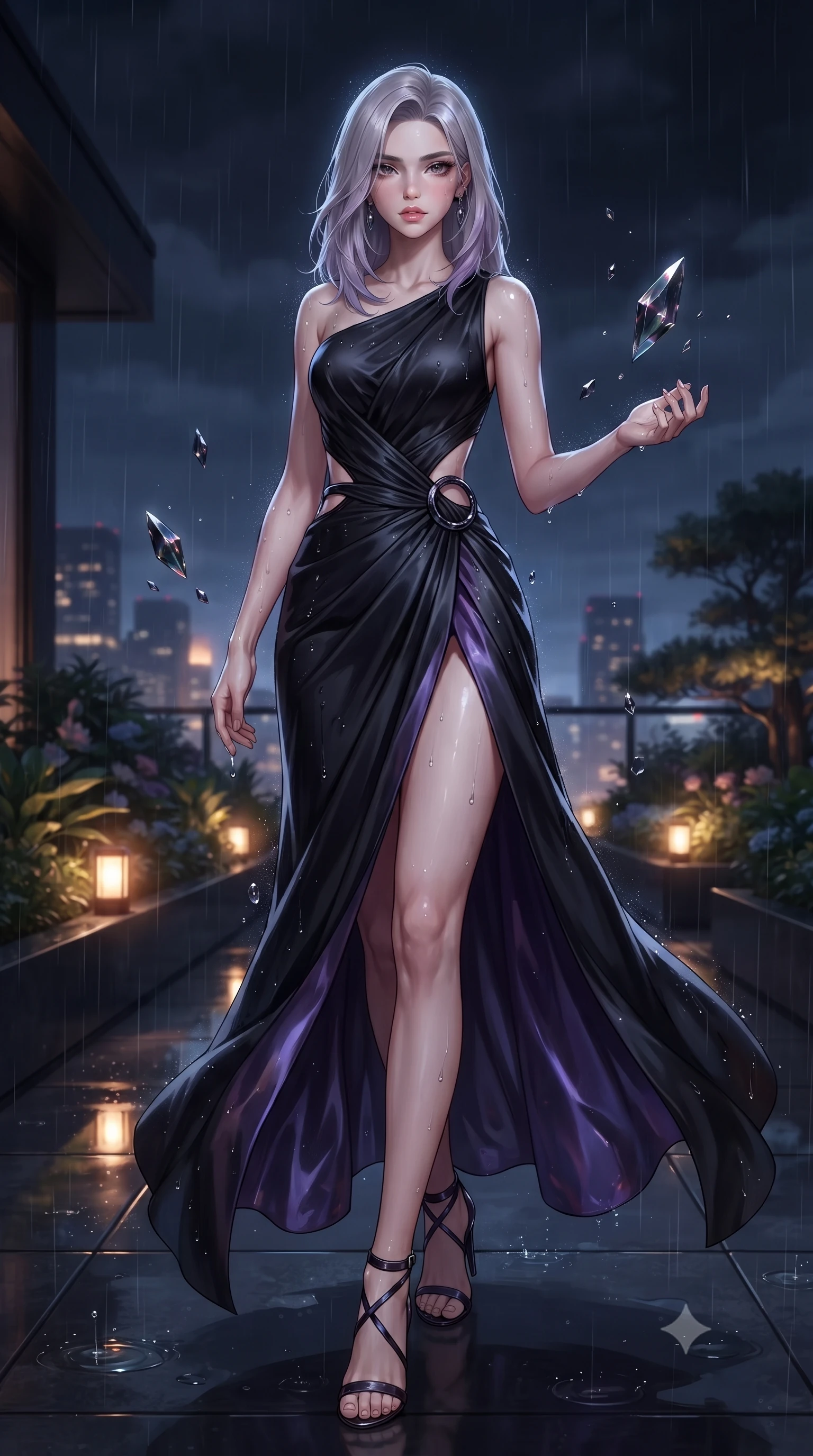 score_9, masterpiece, best quality, ultra-detailed, high-budget anime keyframe, editorial fashion photography, tasteful artistic composition, Caucasian woman. low angle full-body shot from head to toe showing her feet, filling the entire 9:16 vertical frame with her statuesque presence, stretching her vertical silhouette. interacting with floating dark crystal particles, her long slender legs poised in motion, walking through a dark luxury rooftop garden at 3 AM during a gentle night rain, water droplets glistening on her dark attire under sharp rim light. She has an absolutely perfect, statuesque 8.5-heads proportion, an exceptionally tall and slender model-like female figure with impossibly long slender legs and an ultra-slim waist. sharp v-shaped jawline, high-bridge nose, intricate jewel-like eyes with depth, thick eyelashes, glossy lips with a natural sheen. wearing draped obsidian silk gown featuring tasteful waist slit cutouts in obsidian black, made of iridescent dark violet taffeta, accented with sculpted obsidian chrome rings at the waist, contouring every curve with an exceptionally elegant silhouette. illuminated by low warm amber garden lights and distant city skyglow. highly saturated vibrant anime colors, detailed shading with soft gradients, rich glossy textures, high-contrast stereoscopic depth, volumetric dynamic lighting, master piece, 9:16 ratio