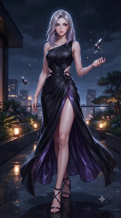 score_9, masterpiece, best quality, ultra-detailed, high-budget anime keyframe, editorial fashion photography, tasteful artistic composition, Caucasian woman. low angle full-body shot from head to toe showing her feet, filling the entire 9:16 vertica