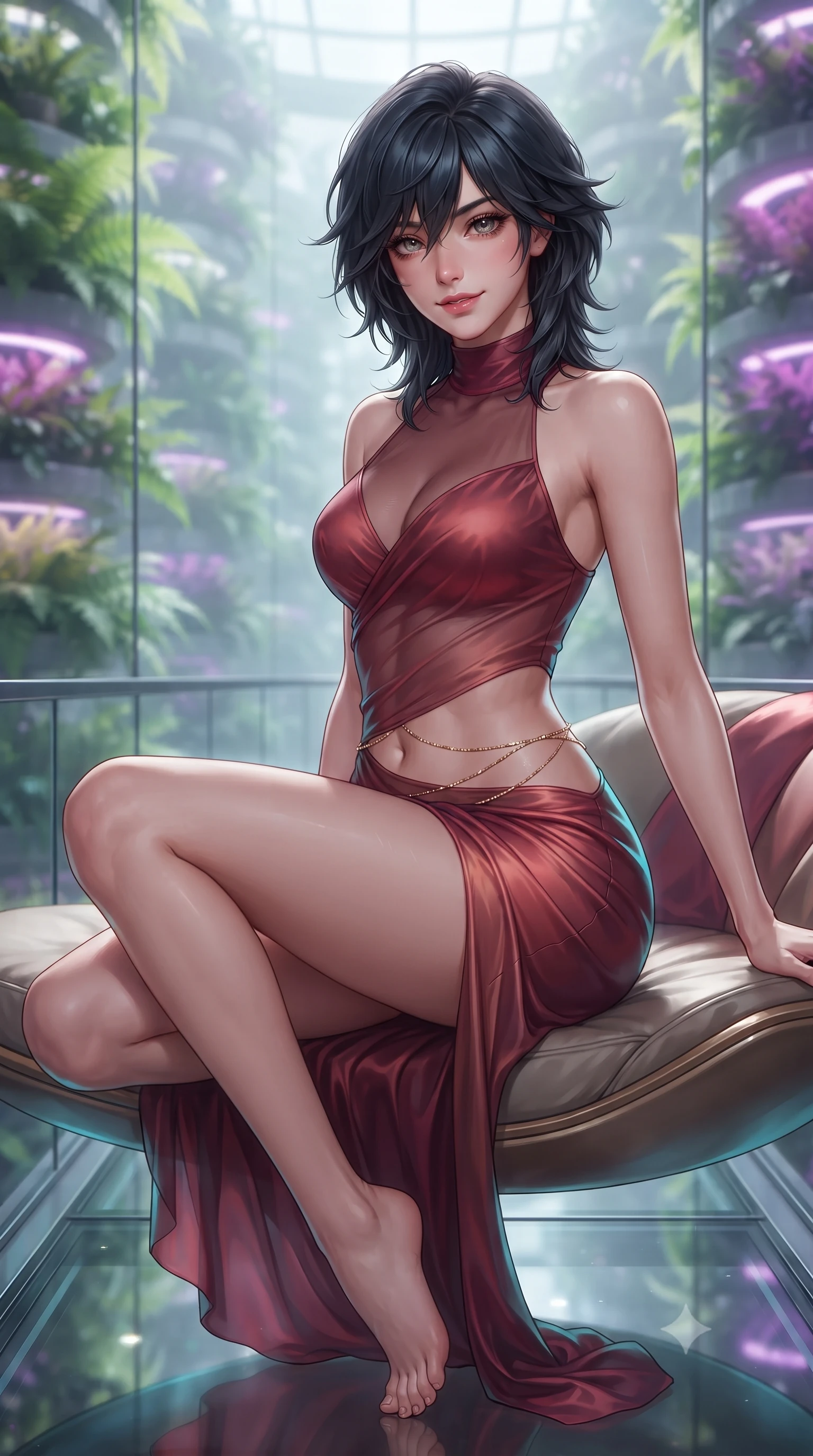 score_9, masterpiece, best quality, ultra-detailed, high-budget anime keyframe, editorial fashion photography, tasteful artistic composition, Caucasian woman. close-up cowboy shot from the waist and thighs up, the character dominates the composition, filling the frame with her large presence. perched sideways on the lounge seat, one knee drawn up to showcase her slender leg line while her arched back accentuates her feminine hip curve while standing centered on the suspended glass skybridge connecting two hydroponic towers, arching her spine with high-tech siren grace. The background shows a soft-focus multi-story living vertical gardens with lush ferns, pulsed ultraviolet grow-lights, and misty air blurred into chartreuse, violet, and silver bokeh. She has an exceptionally elegant, slender, and willowy female figure with an ultra-slim waist, flat toned midriff, narrow ribcage, and sculpted feminine hips creating an alluring, slim hourglass silhouette without bulk. sharp v-shaped jawline, high-bridge nose, sparkling eyes with hypnotic seductive depth, thick curled eyelashes, glossy parted lips with a natural dewy peach sheen, alluring bedroom-eyes with an enchanting coquettish smile, exuding magnetic siren charisma and sophisticated glamour, flawlessly proportioned anatomical accuracy, strict slender model proportions, natural body alignment, perfectly sculpted long slender limbs, ultra-slim waistline, clean dynamic posture without body distortion. wearing a provocative high-neck sheer illusion cocktail dress with liquid satin ribbons contouring her curves in smoldering crimson wine and deep rose-gold, crafted from fluid liquid silk satin that clings smoothly to every curve with a dewy sheen, accented with a dainty gold belly chain resting across her flat midriff and curving hips, the form-contouring silhouette accentuating her sculpted flat midriff, narrow delicate ribcage, and gracefully curvy hips with intoxicating allure. illuminated by glass floor reflection fill and sharp electric-cyan rim lights defining her delicate clavicles, ultra-slim waist, and curvy hips. ultra-reflective glossy finish, specular highlights, rich textural contrasts, high-contrast stereoscopic depth, volumetric dynamic lighting, 2k, ultra detail, master piece, 9:16 ratio