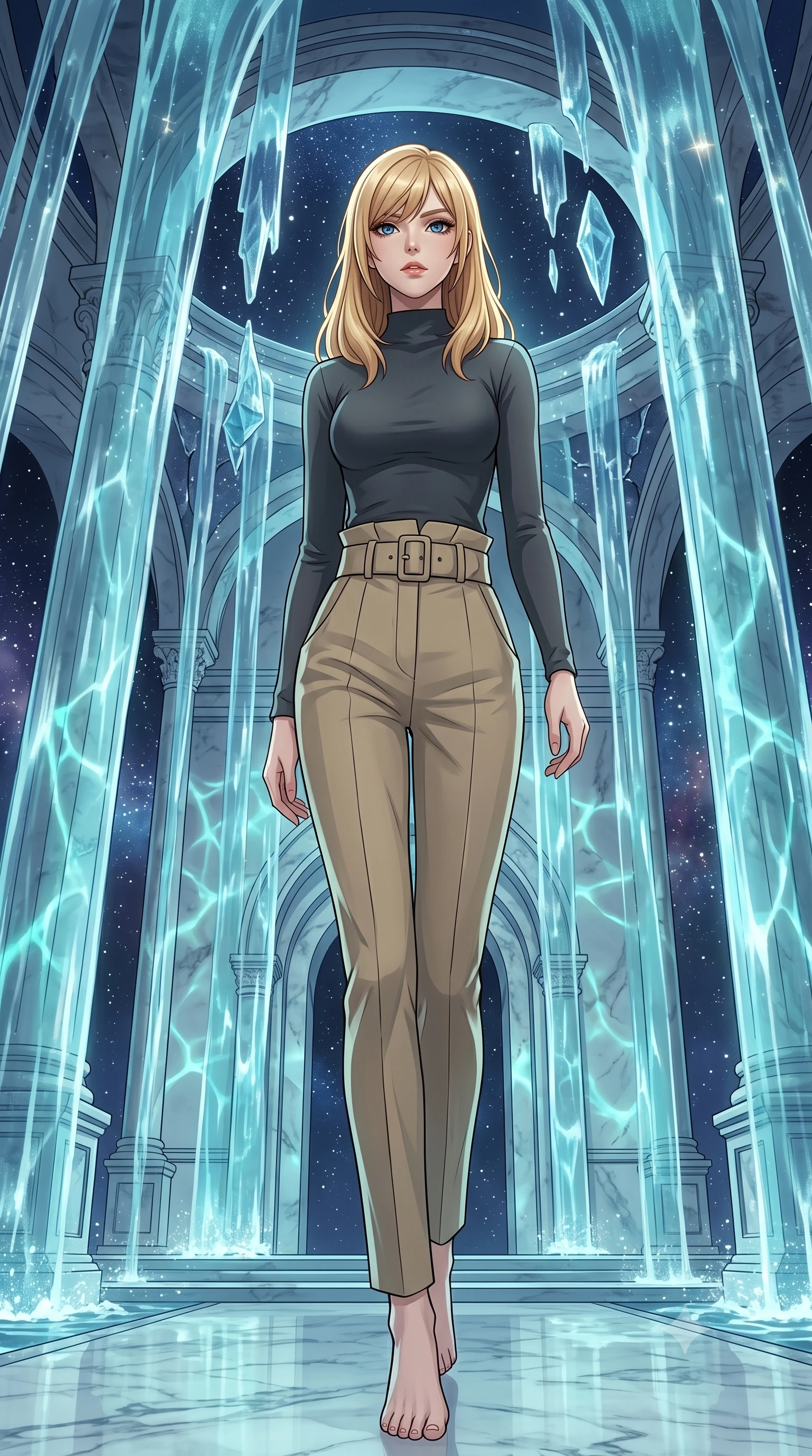 score_9, masterpiece, best quality, ultra-detailed, high-budget anime keyframe, editorial fashion photography, tasteful artistic composition, Caucasian woman, strictly human ears. low angle full-body shot from head to toe showing her feet, filling the entire 9:16 vertical frame with her statuesque presence, stretching her vertical silhouette. threading her way through a celestial palace where water defies gravity and falls upward in shimmering reverse cascades forming archways columns and curtains of suspended crystalline water that catch and bend starlight. She has a statuesque 8.5-heads proportion, an exceptionally tall, slender and willowy model-like build with impossibly long legs and a highly sculpted ultra-slim waist. sharp v-shaped jawline, high-bridge nose, intricate jewel-like eyes with depth, thick eyelashes, glossy lips with a natural sheen. wearing a fitted mock-neck jersey top in charcoal, tucked into high-waisted tailored khaki trousers with a wide belt. starlight refracting through the upward-flowing water creating constantly shifting caustic light patterns on the palace marble floors and walls in cool aqua tones. 2k, ultra detail, master piece, 9:16 ratio